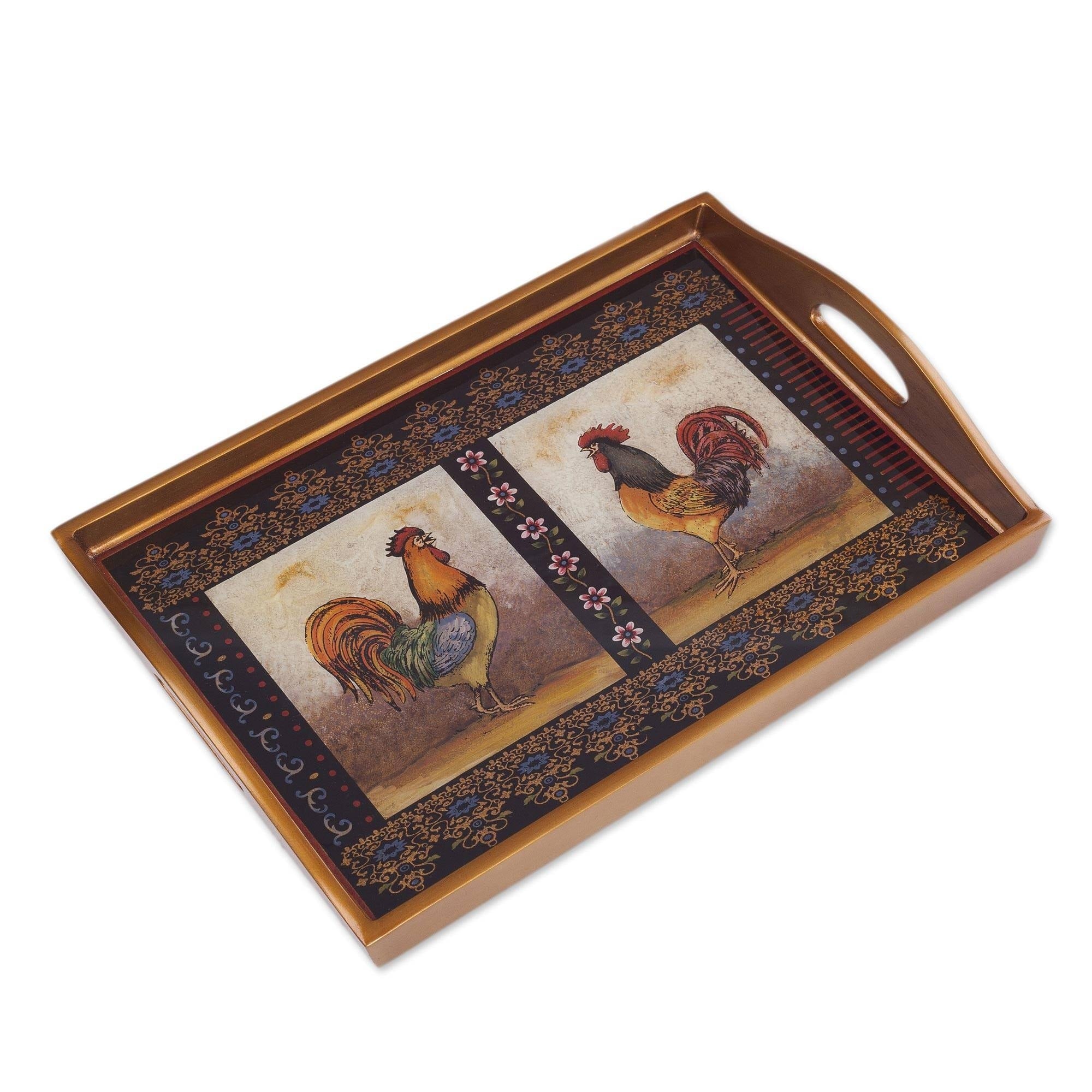 Handmade Crowing Roosters Reverse Painted Glass Tray Peru 2.4 H X 17.75 W X 11.75 D