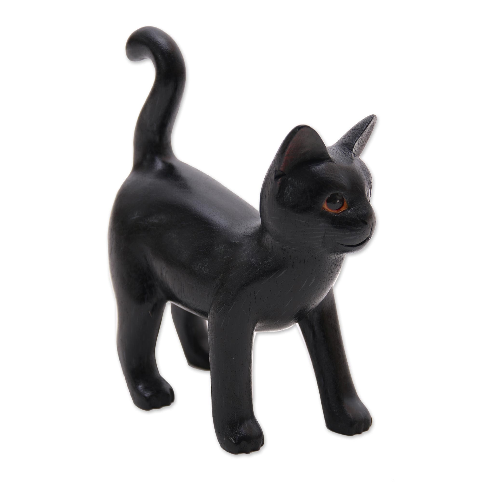 Handmade Curious Kitten In Black Wood Sculpture Indonesia 7.25 H X 6.25 W X 3 D