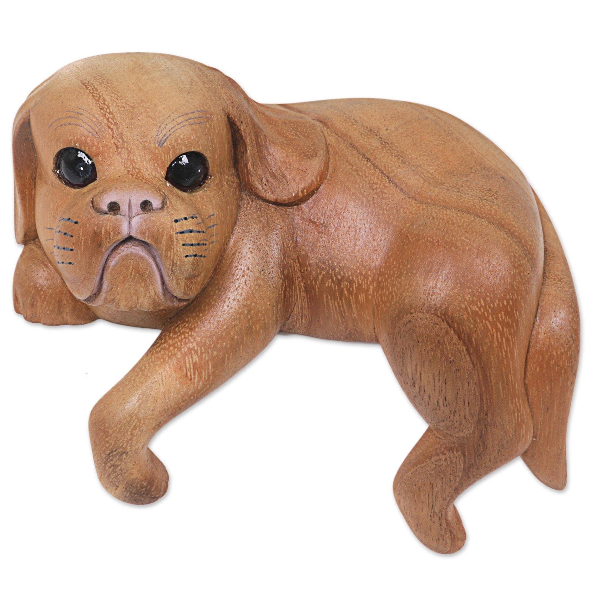 Handmade Curious Shih Tzu Wood Sculpture Indonesia 21 X 15 X 15