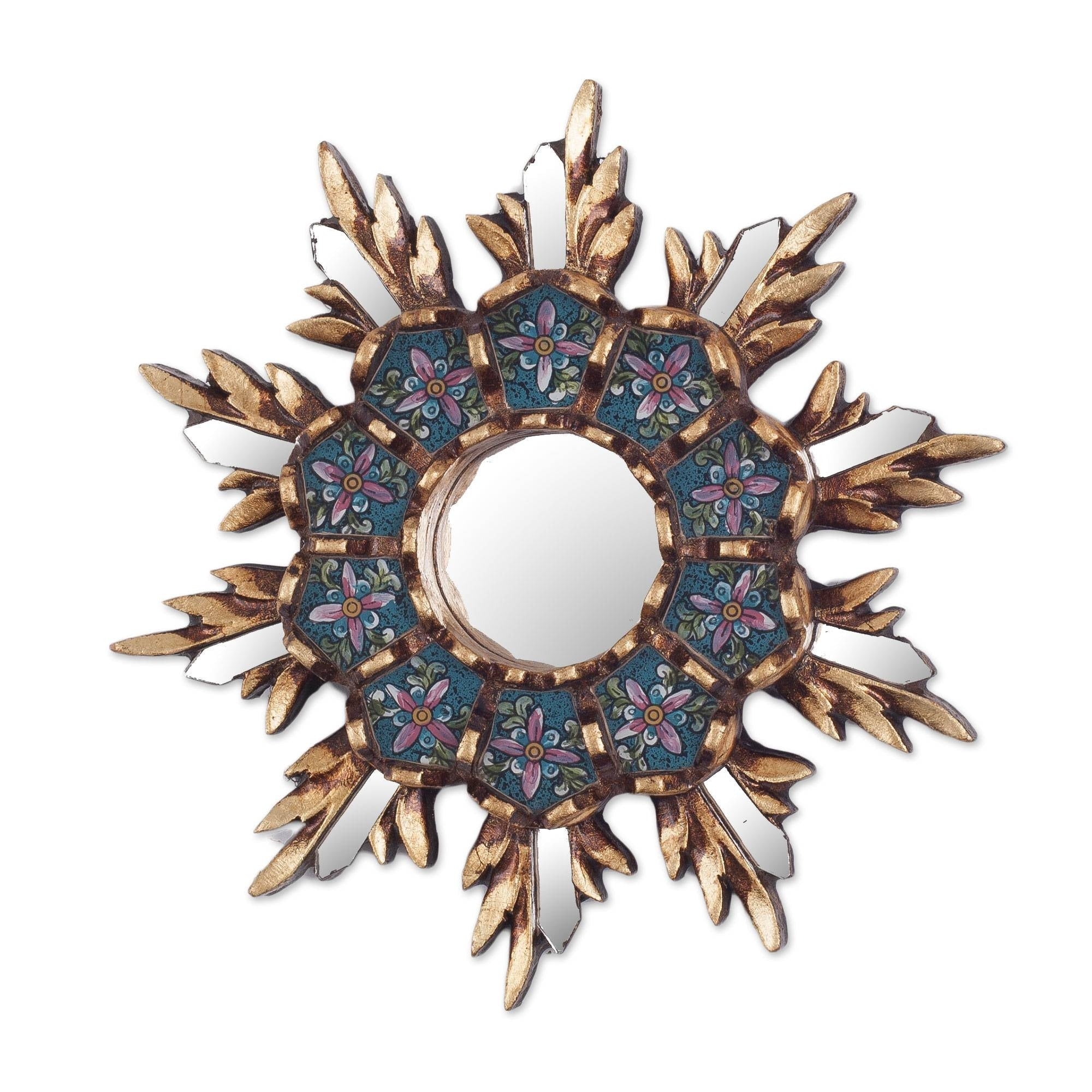 Handmade Cuzco Snowflake Wood And Reverse Painted Glass Wall Mirror Peru 7.75 H X 7.75 W X 1.2 D