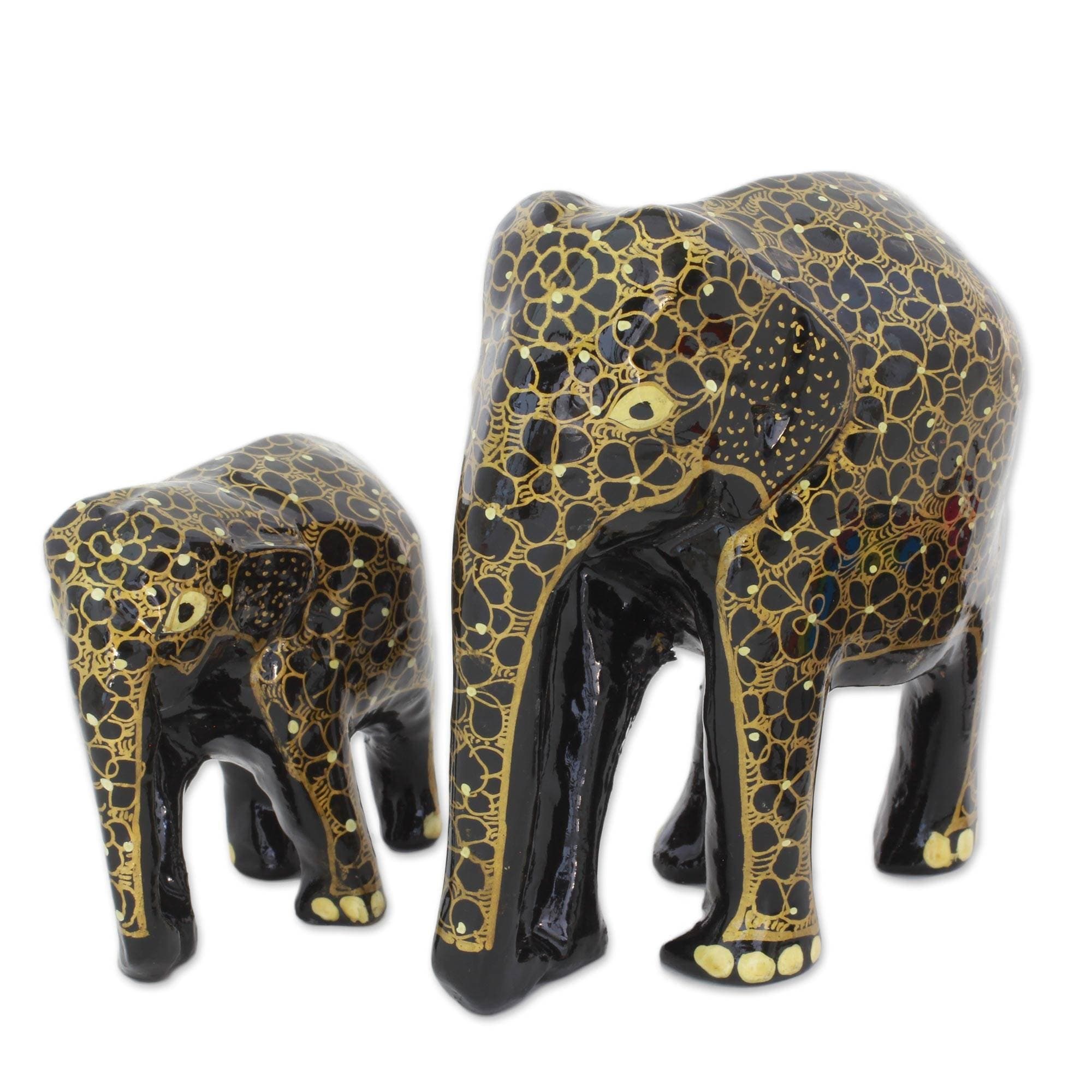 Handmade Elephant Affection Wood And Papier Mache Sculptures Pair India 4.9 H X 4.7 W X 2.6 D