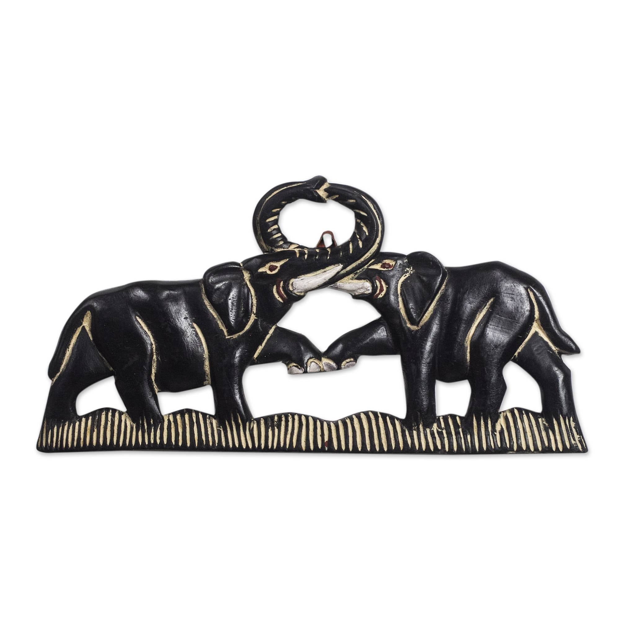 Handmade Elephant Fight Wood Wall Sculpture Ghana