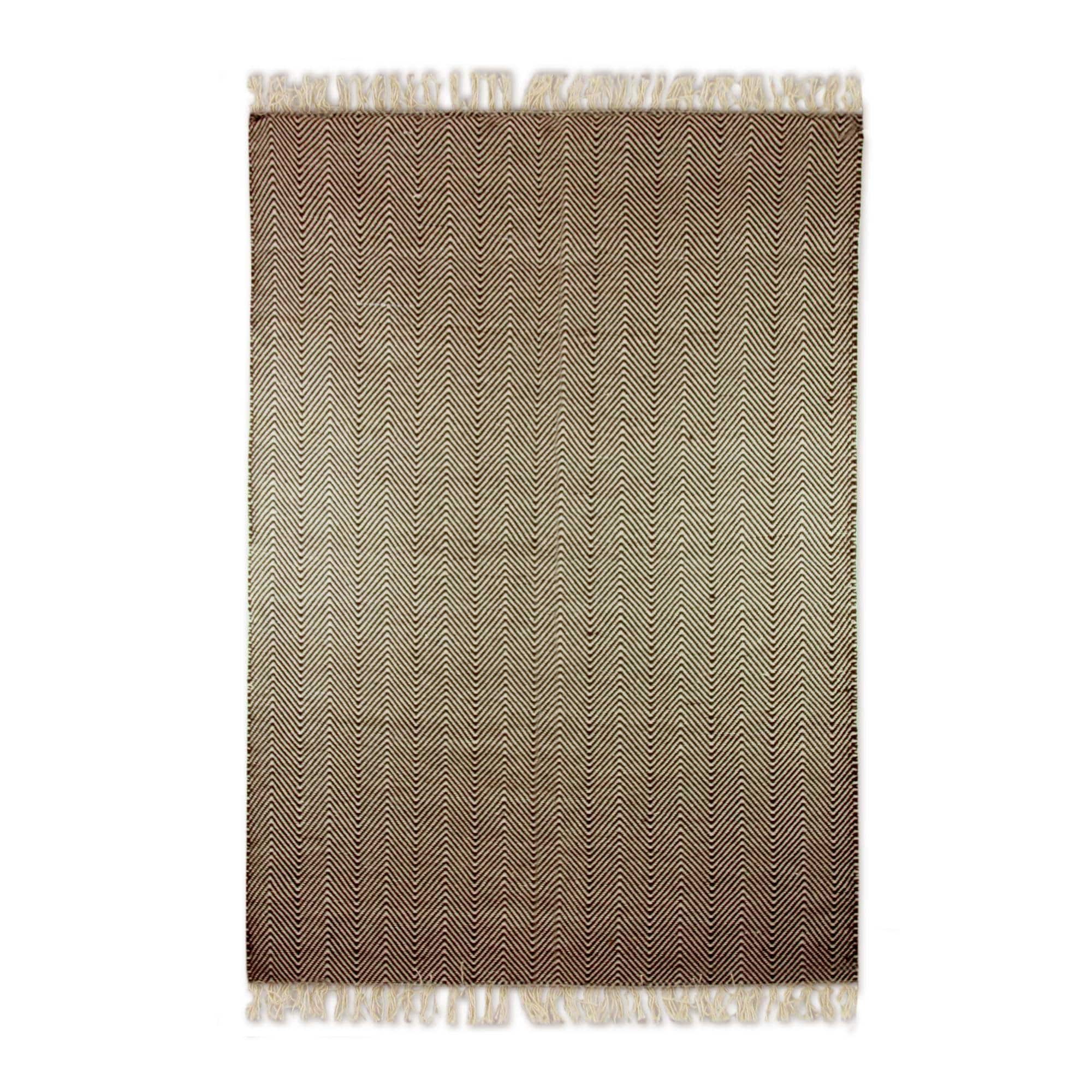 Handmade Espresso Zigzag Wool Dhurrie Rug India Big
