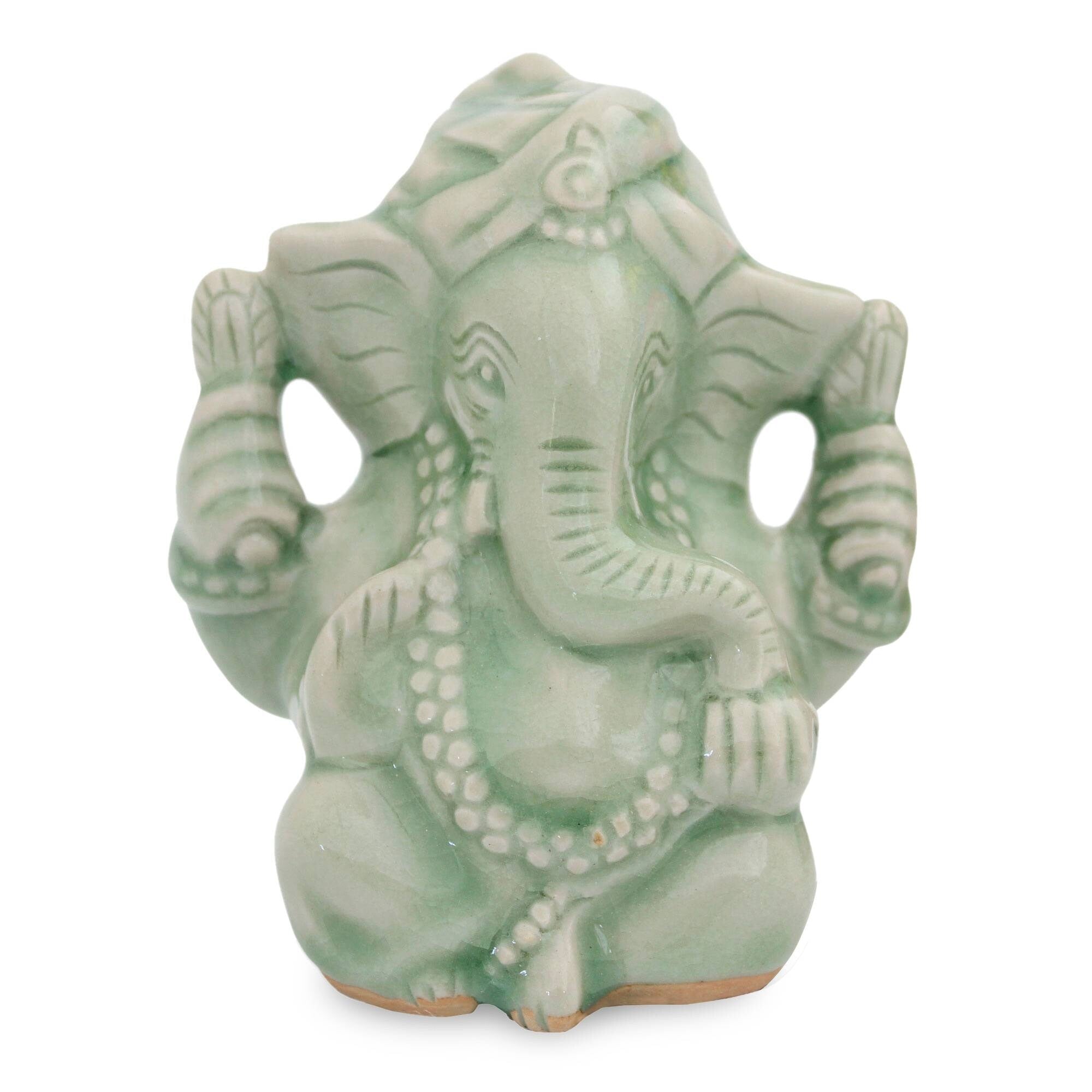 Handmade Faithful Ganesha Celadon Ceramic Figurine Thailand 16 X 13 X 11