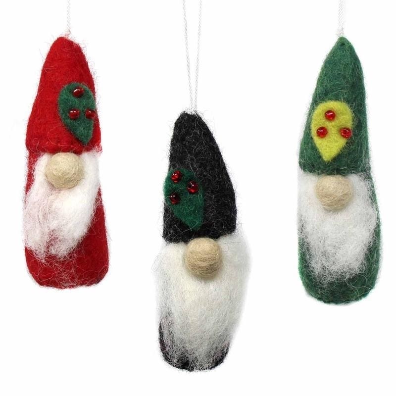 Handmade Felted Wool Christmas Gnome Ornaments Set Of 3 Red Grey Green