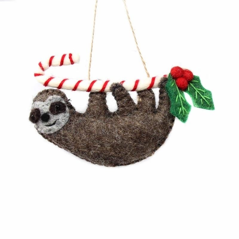 Handmade Felted Wool Christmas Ornament Candy Cane Sloth
