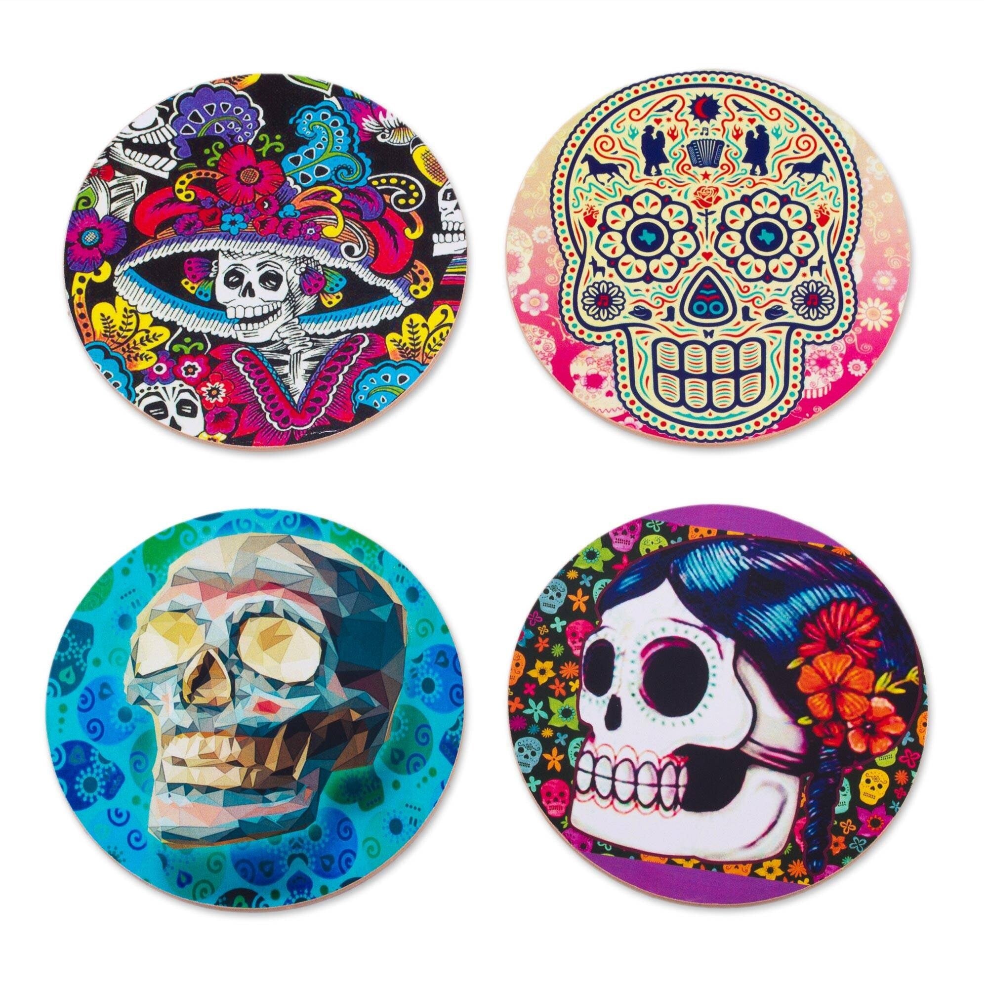 Handmade Festival Of The Dead Decoupage Coasters Set Of 4 Mexico 0.1 H X 3.9 Diam.