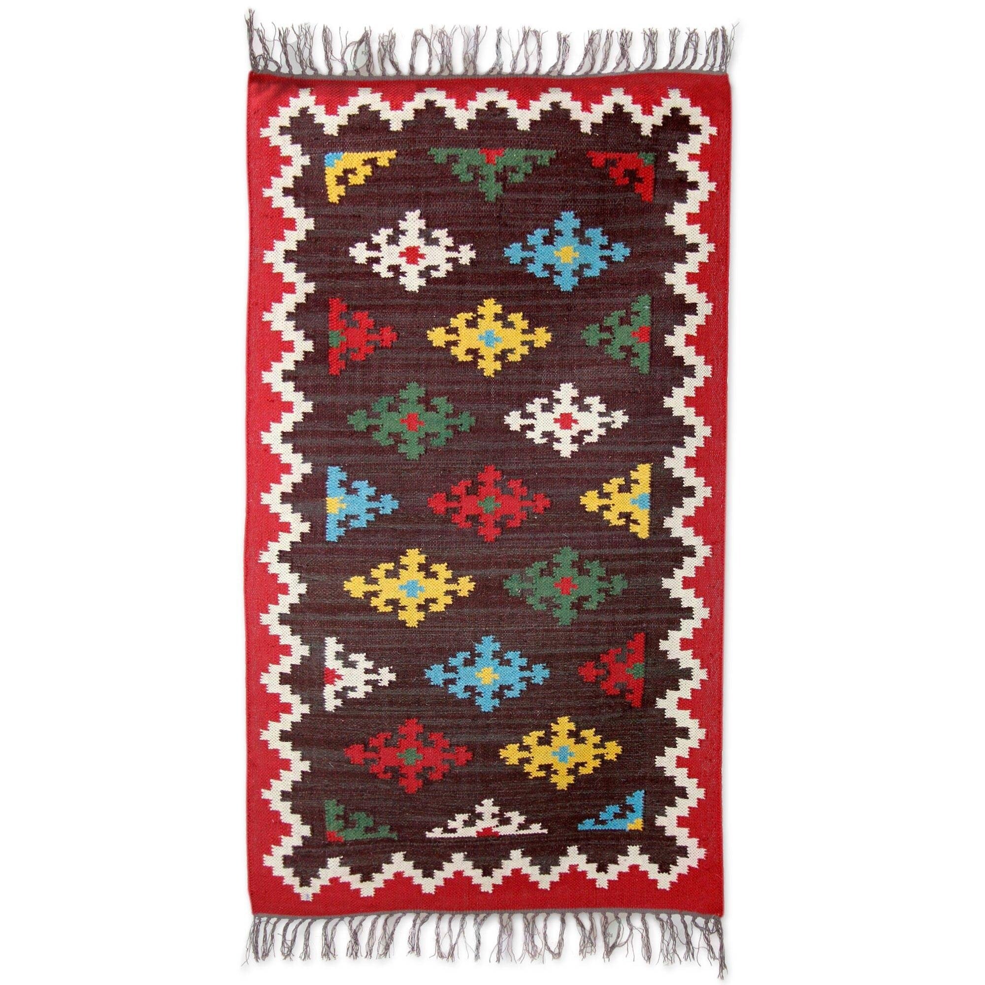 Handmade Floral Gala Wool Dhurrie Rug India Big