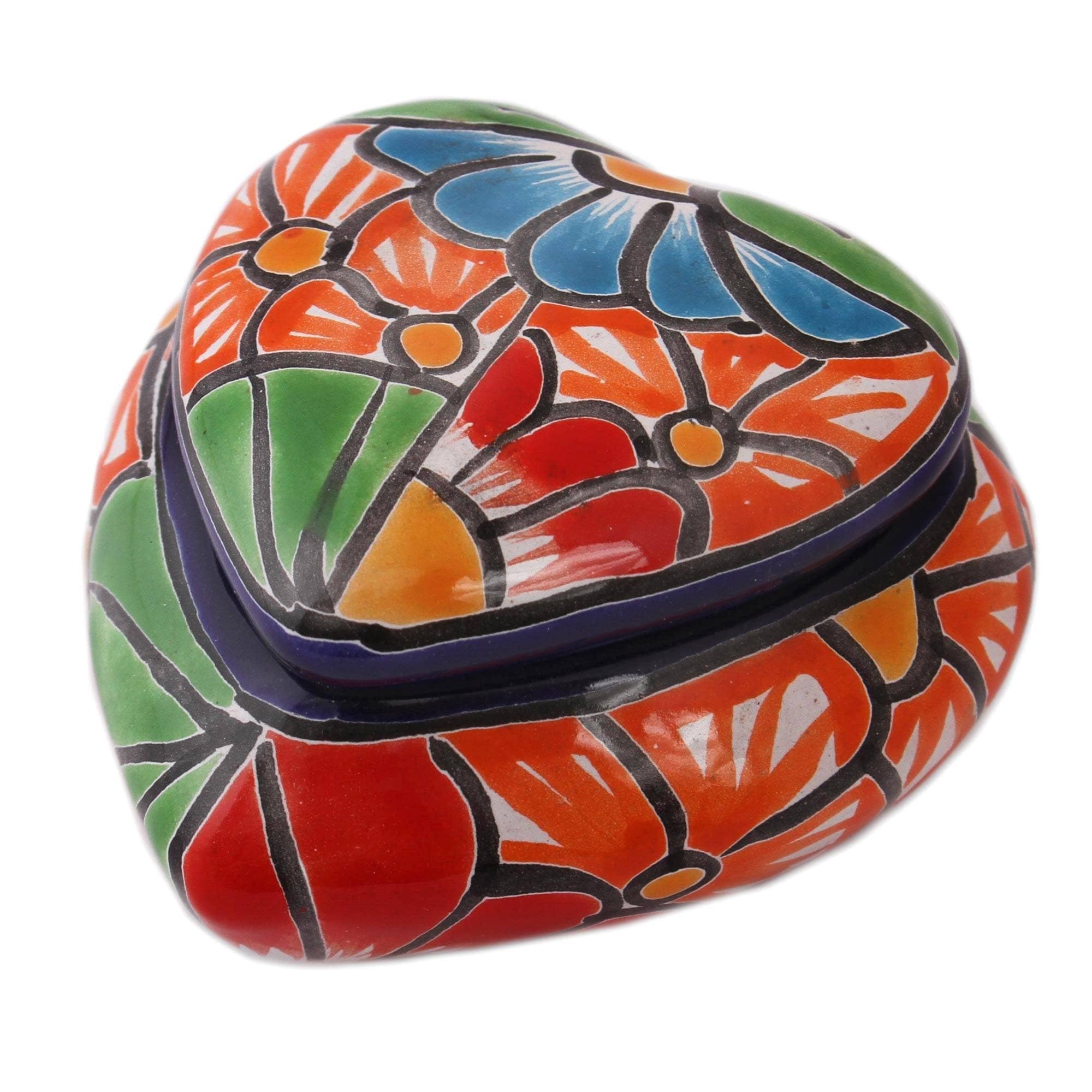 Handmade Floral Heart Ceramic Decorative Box Mexico 2.2 H X 3.3 W X 3.6 D