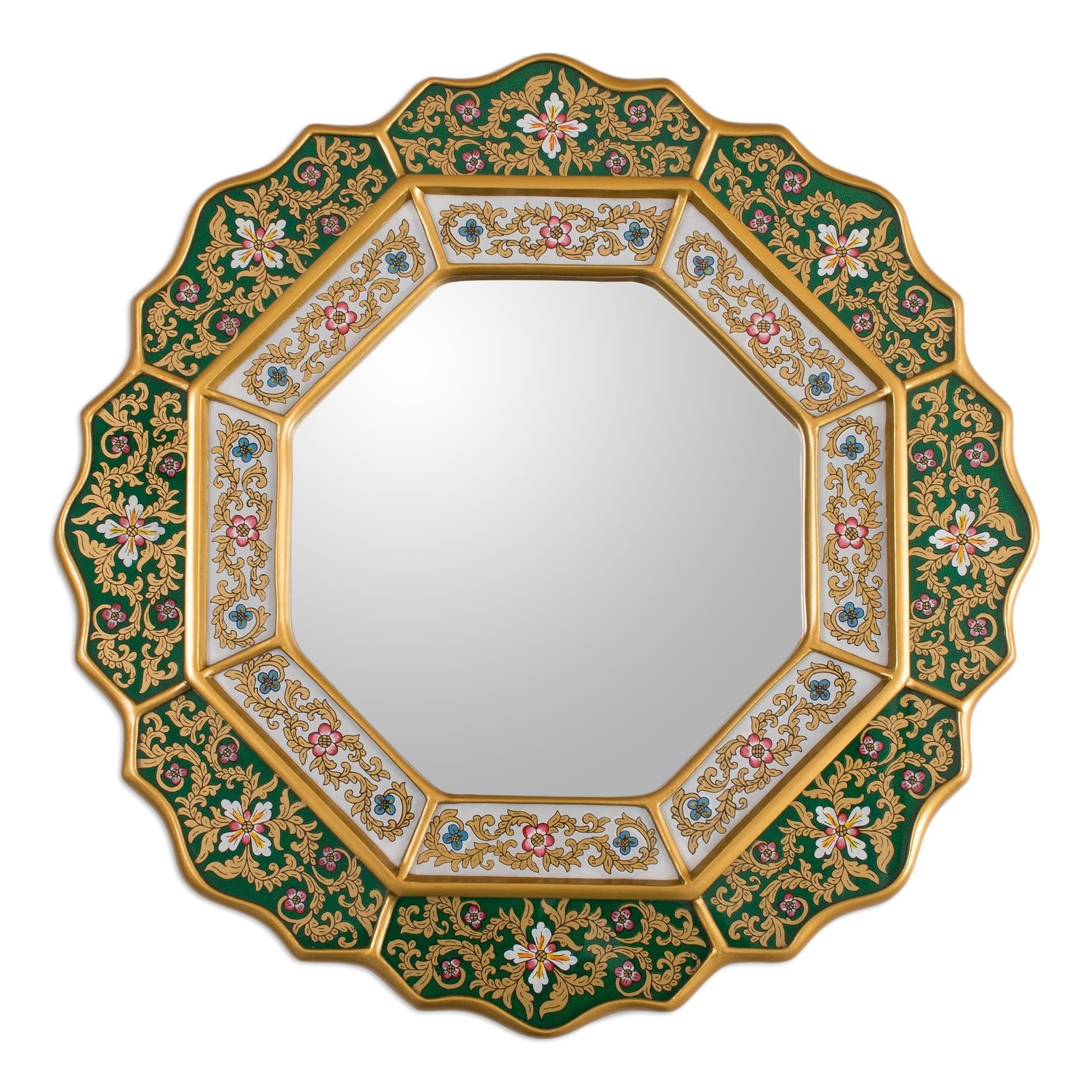 Green Star Artisan Handmade Home Decor Hand Painted Floral White Deep Green Blue Gold Hall Bedroom Bathroom Wall Mirror Peru