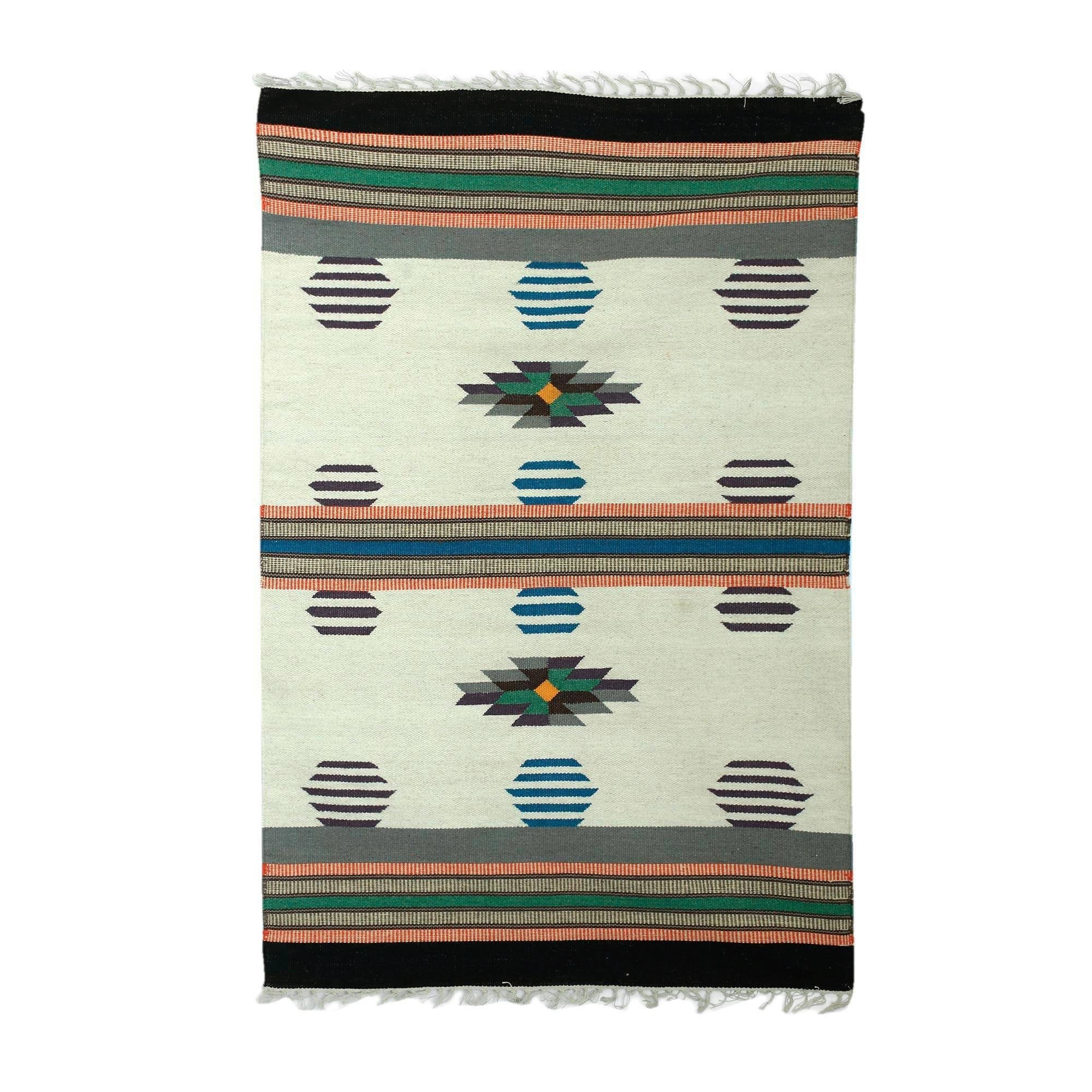 Handmade Geometric Bubbles Wool Dhurrie Rug India Big