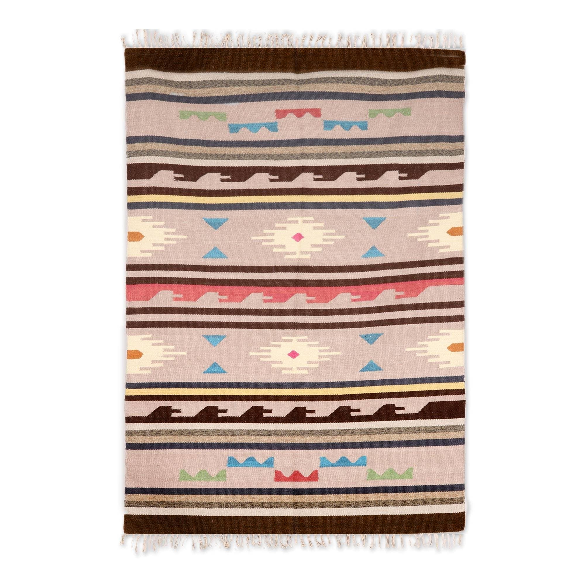 Handmade Geometric Rainbow Wool Area Rug India Big