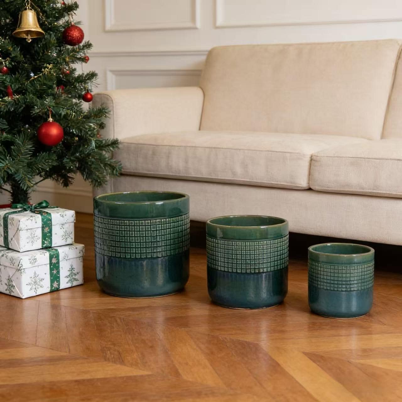 Handmade Glazed Ceramic Planter Set Of 3 10 8 6 Diameter Square Grid Pattern