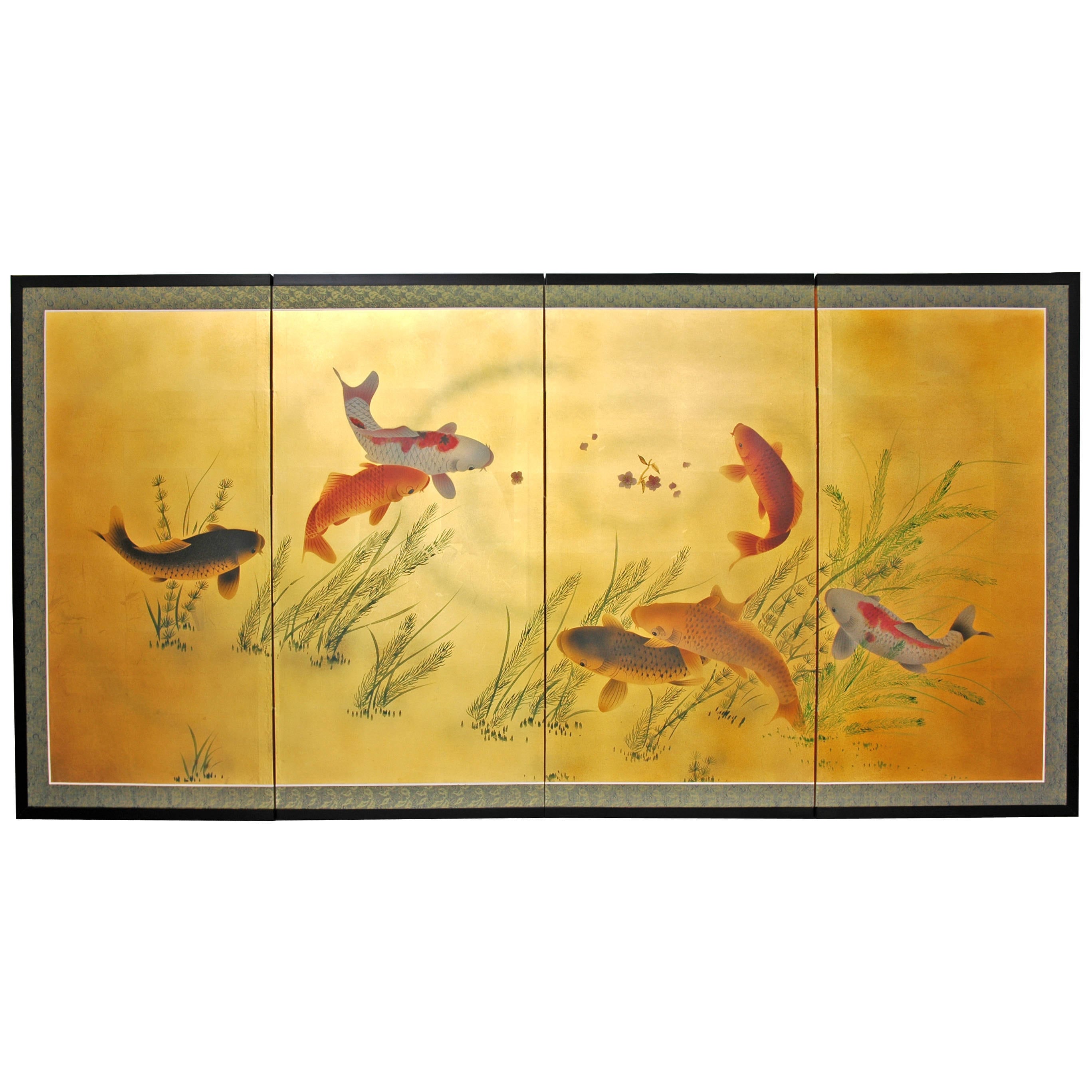 Handmade Gold Leaf Seven Lucky Fish Silk Screen China
