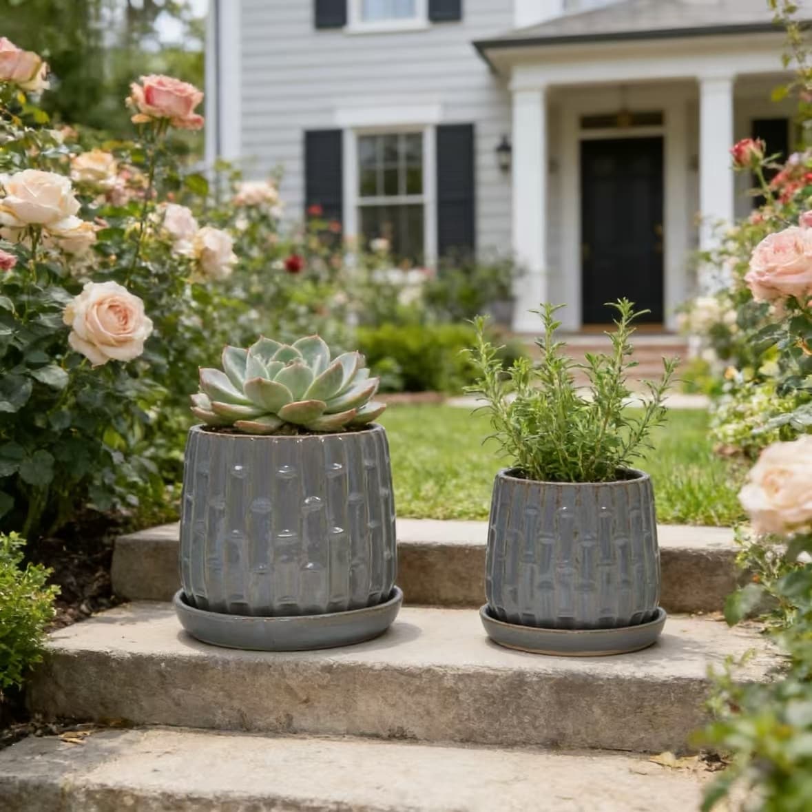 Handmade Gray Glazed Ceramic Planter Set Of 2 6 8 Diameter