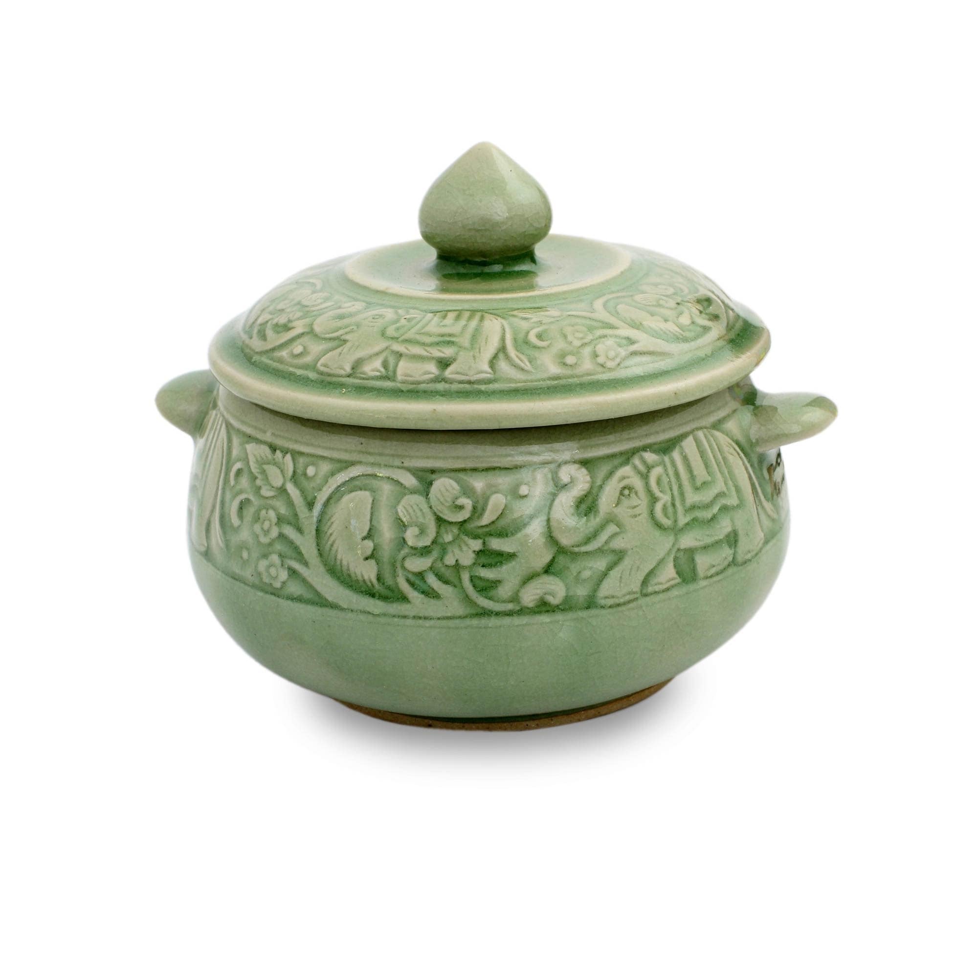 Green Elephant Forest Celadon Ceramic Covered Bowl