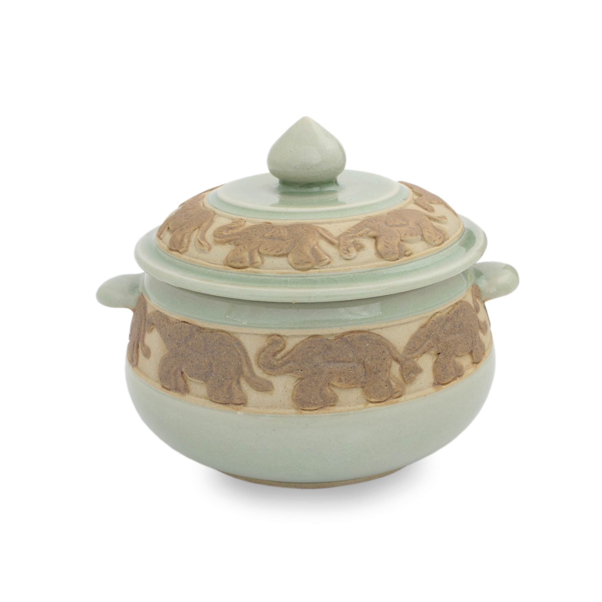 Handmade Green Elephant Walk Celadon Ceramic Covered Bowl
