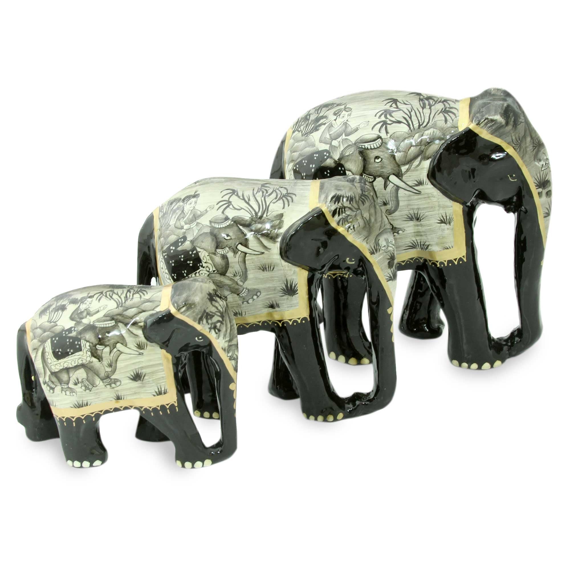 Handmade Grey Elephant Trio Set Of 3 Lacquered Wood Sculptures India 23 X 22 X 16