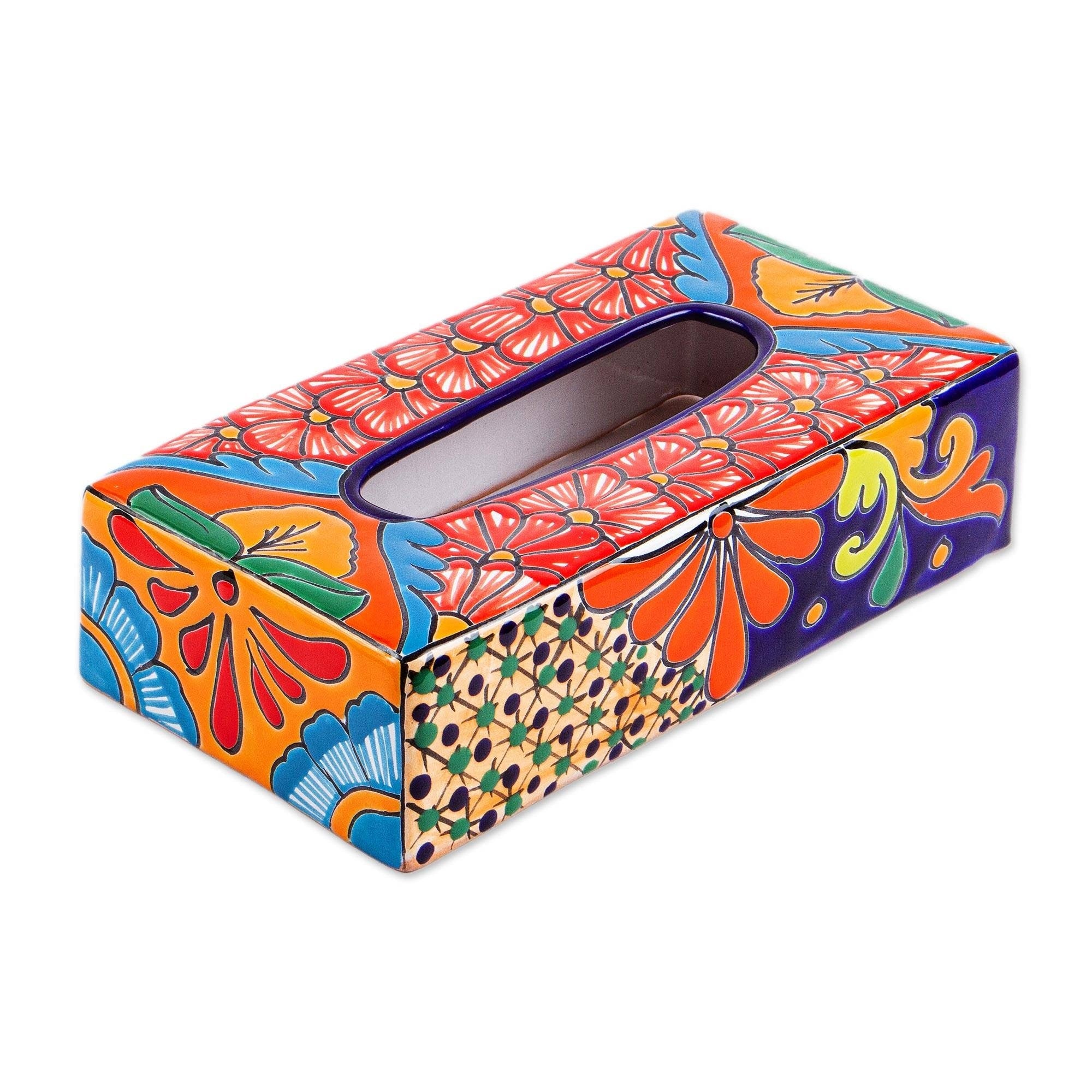 Handmade Hacienda Convenience Ceramic Tissue Box Cover Mexico Multi Colour 2.8 H X 11 W X 5.75 D
