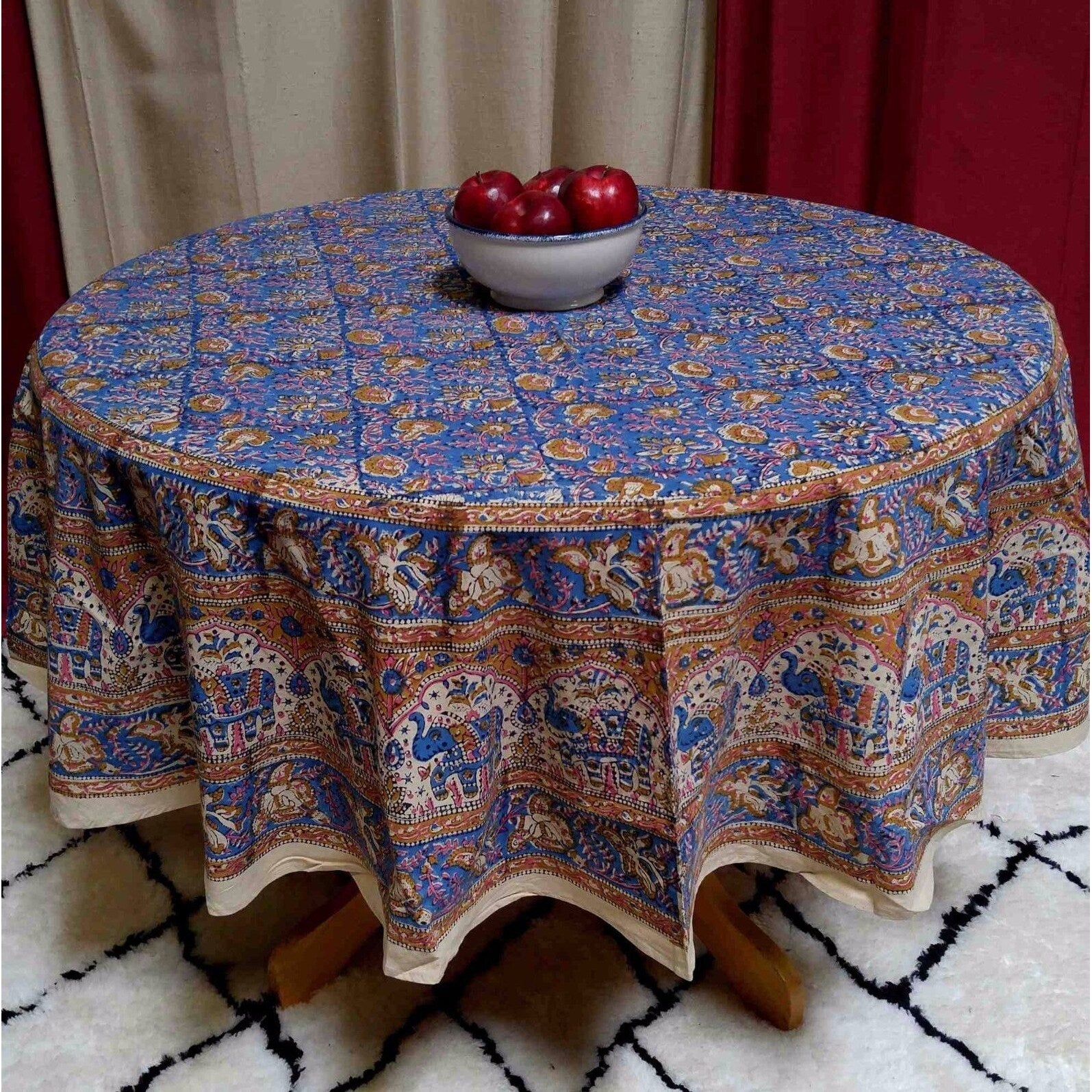 Handmade Hand Block Print Tablecloth 100 Cotton 72 Round Available In Three Colors Burgundy Green Blue