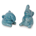 Handmade Happy Elephants In Blue Celadon Handmade Artisan Animal Figurine Set Of 2 Thailand
