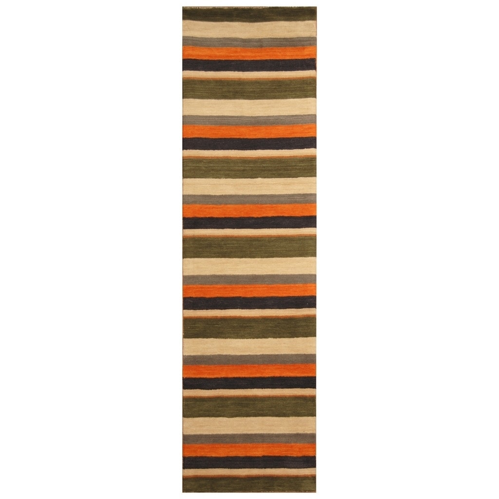 Handmade Herat Oriental Indo Hand Tufted Striped Wool Rug 28 X 910 28 X 910