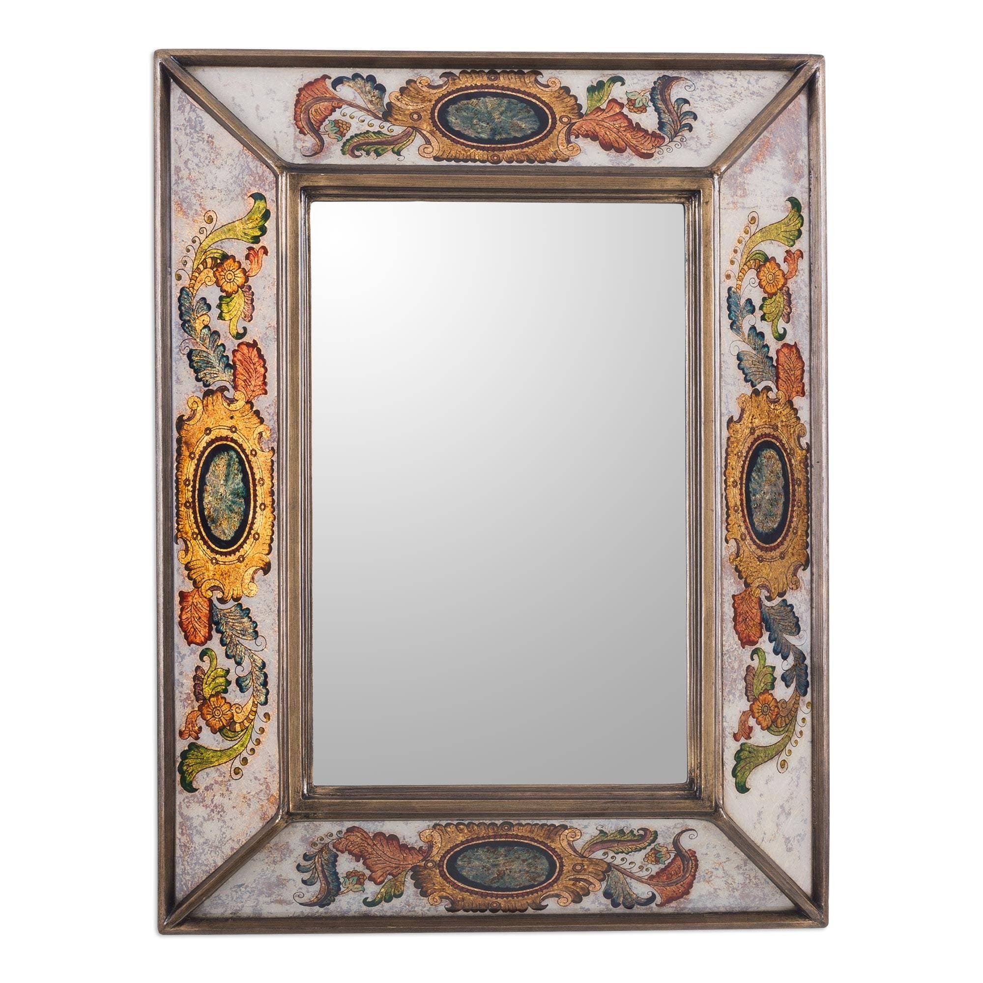 Novica Ivory Floral Medallions Reverse Painted Glass Wall Mirror Peru Multi