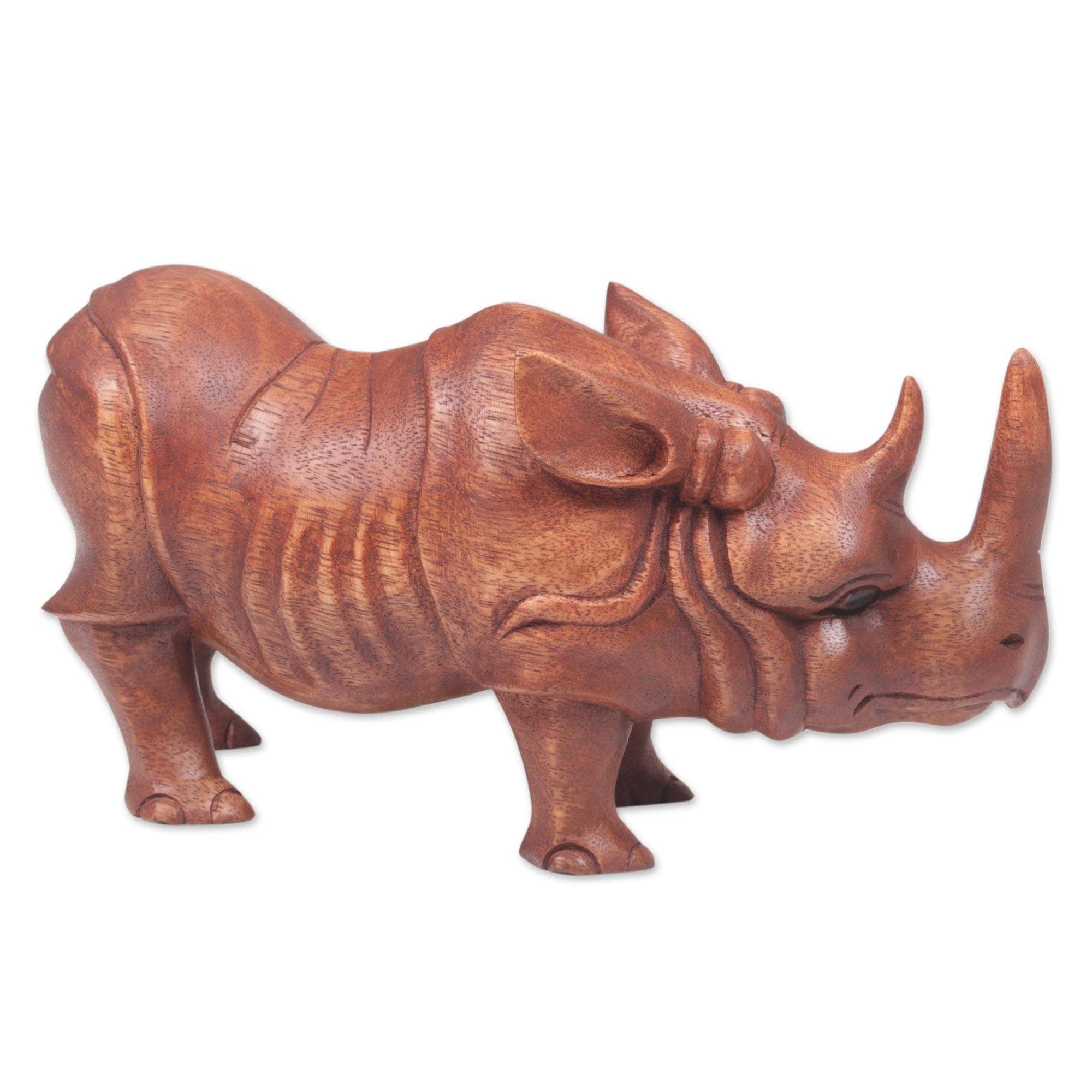 Handmade Java Rhino Wood Sculpture Indonesia 34 X 23 X 18