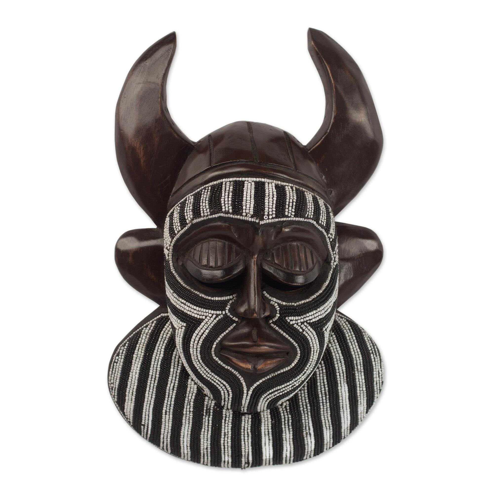Handmade Kafo Horns African Beaded Wood Mask Ghana