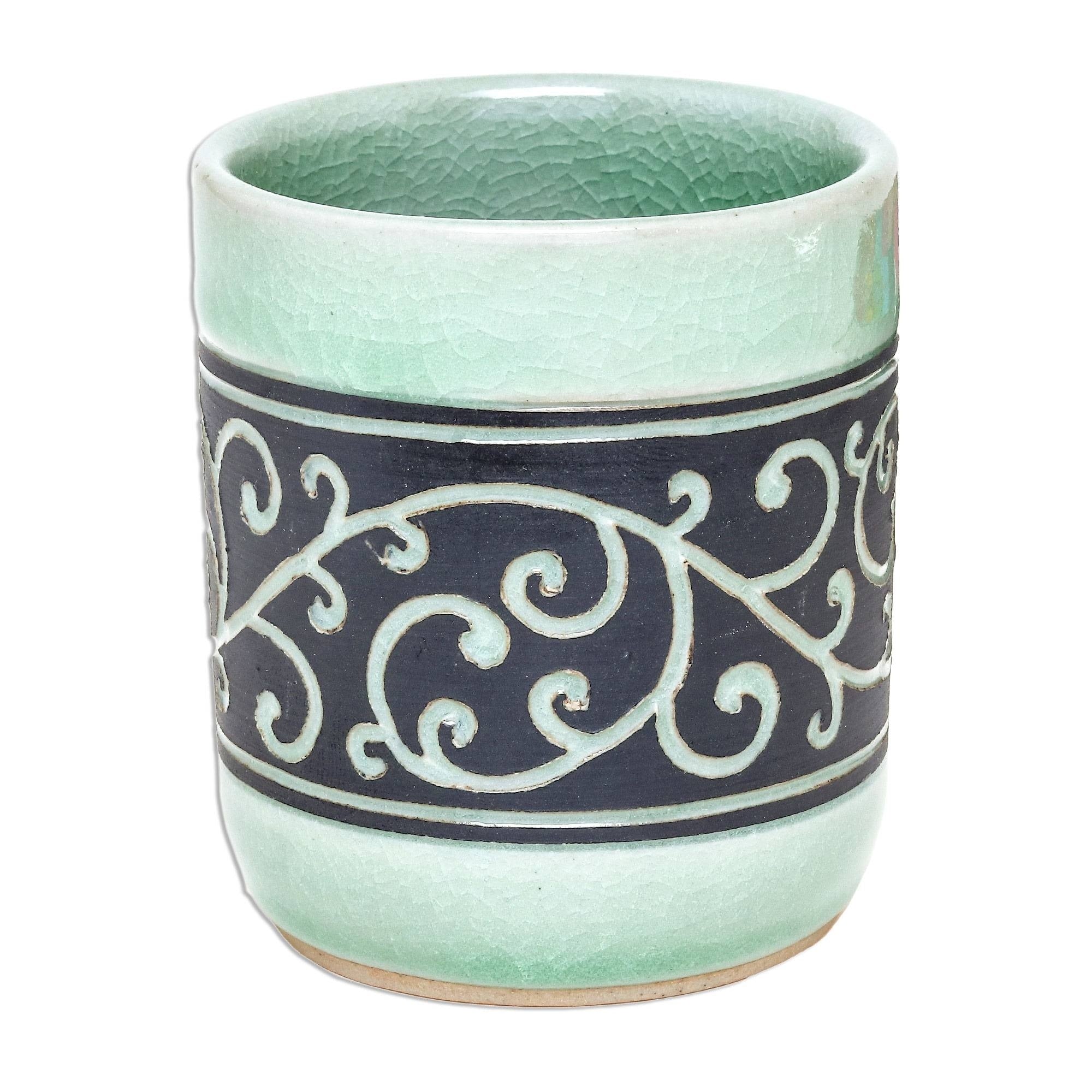 Handmade Kanok Tendrils Celadon Ceramic Teacup Thailand