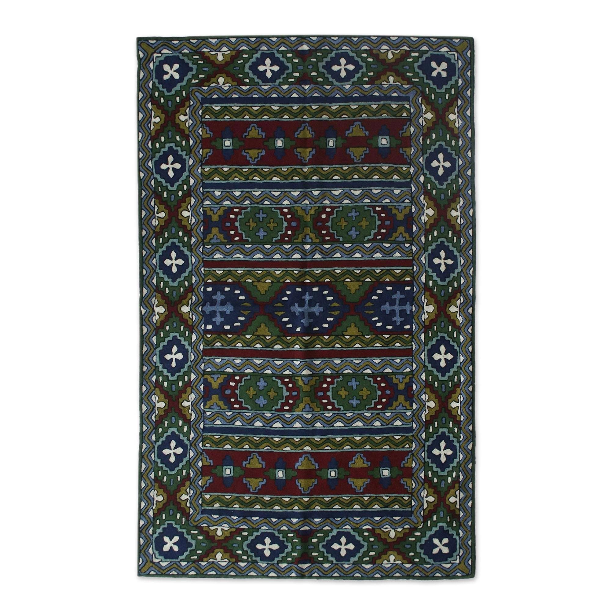 Handmade Kashmiri Emeralds Wool Chain Stitch Rug India Big