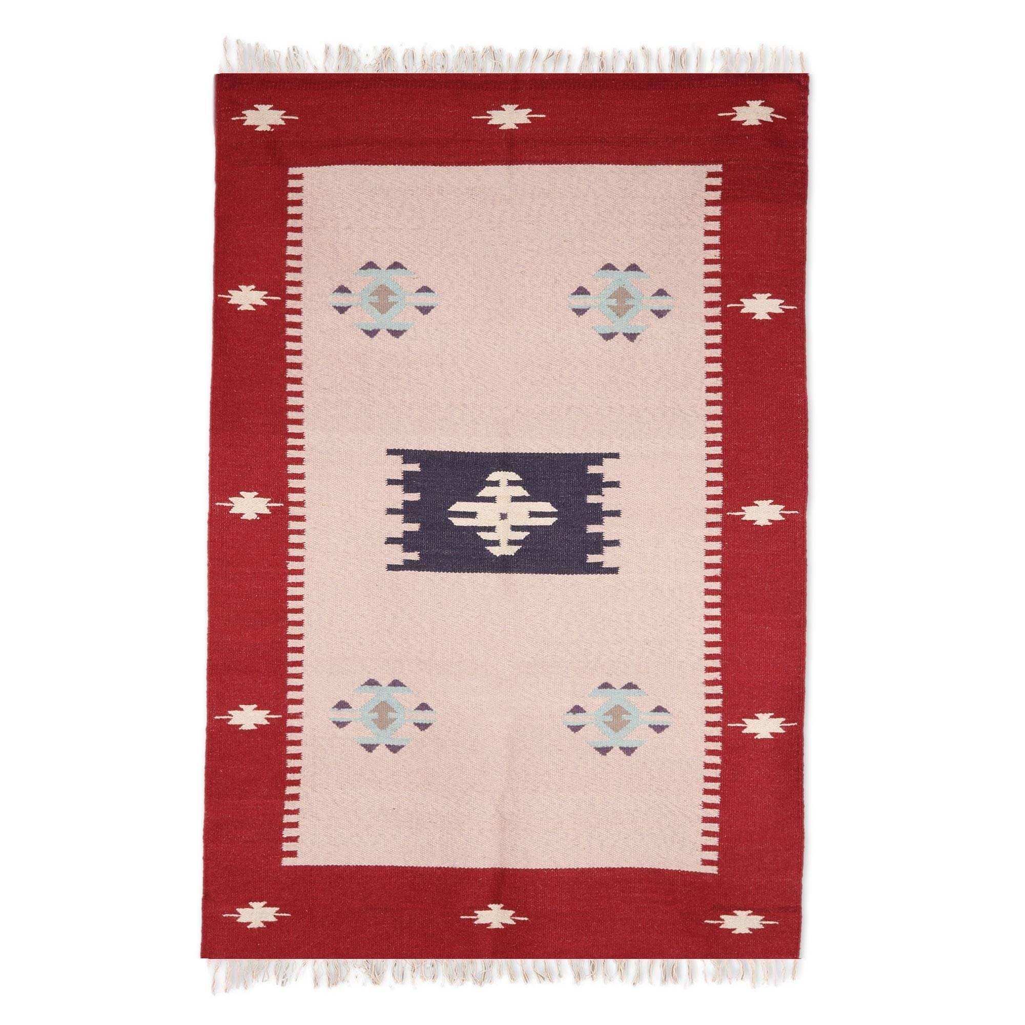 Handmade Khaki Geometry Wool Area Rug India Big