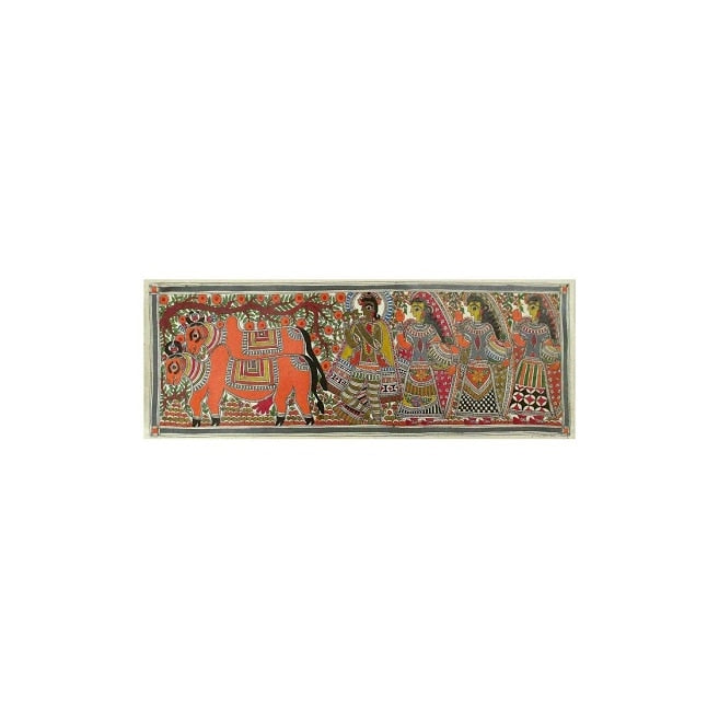 Handmade Krishna The Cowherd Madhubani Painting India Primary Or Jewel Colors