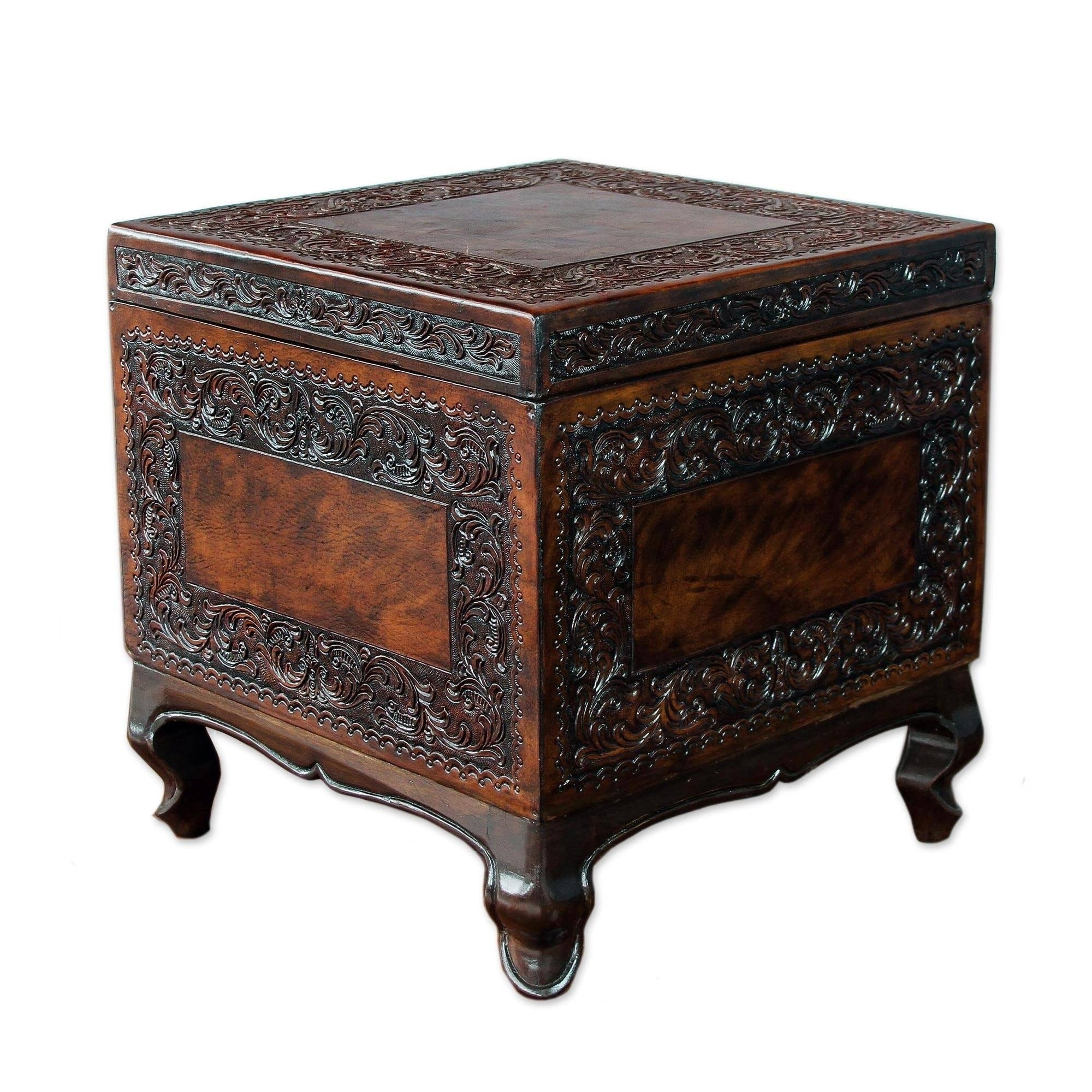 Handmade Tradition Dark Brown Leather And Mohena Wood Unique Cabriole Legs And Removable Lid Cube Storage Ottoman Peru
