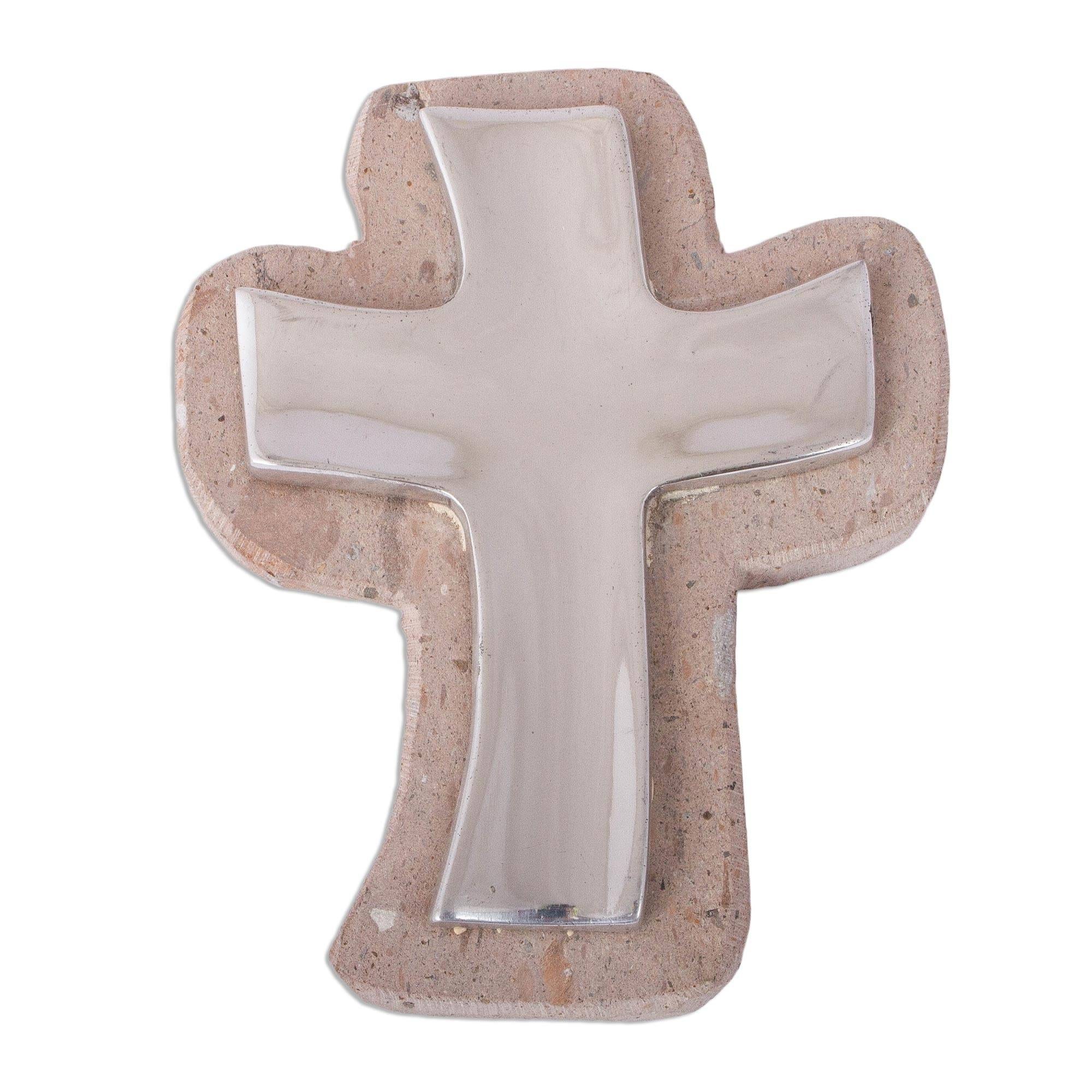 Handmade Lithe Cross Pewter And Reclaimed Stone Wall Cross Mexico 7 H X 5.75 W X 1 D
