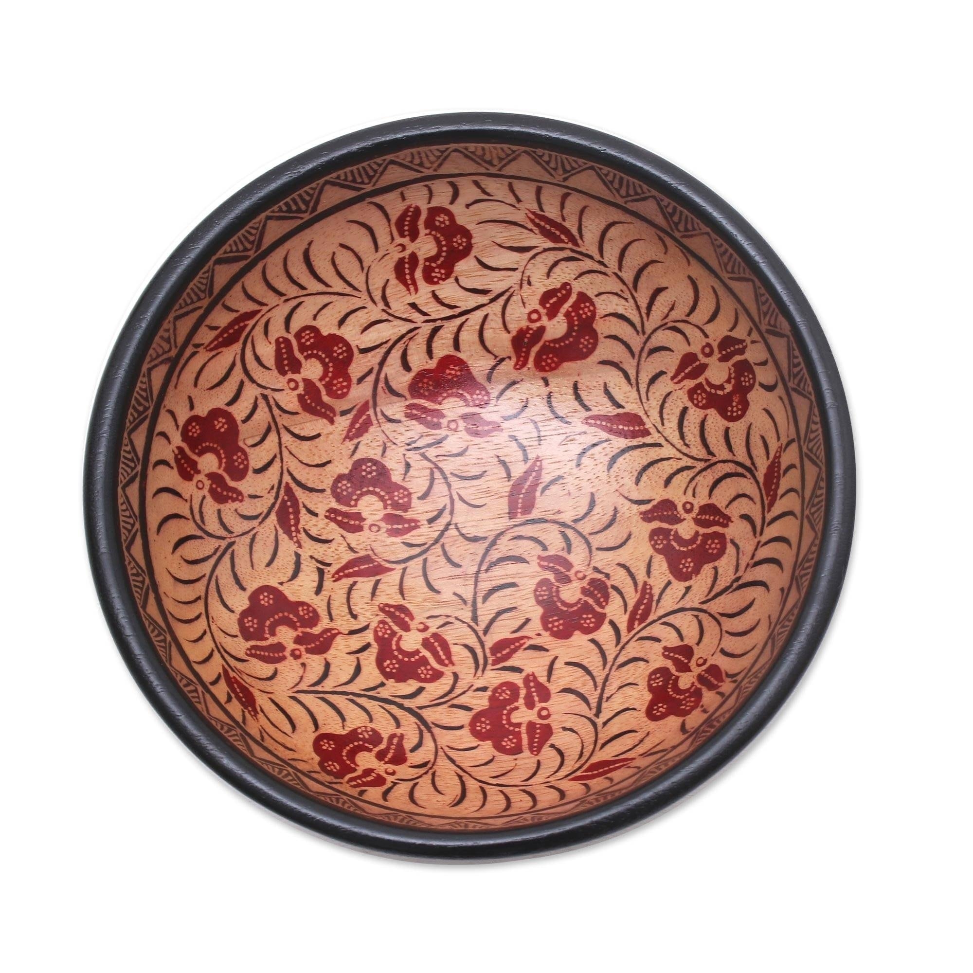 Handmade Lok Chan Flowers Batik Wood Decorative Bowl Indonesia