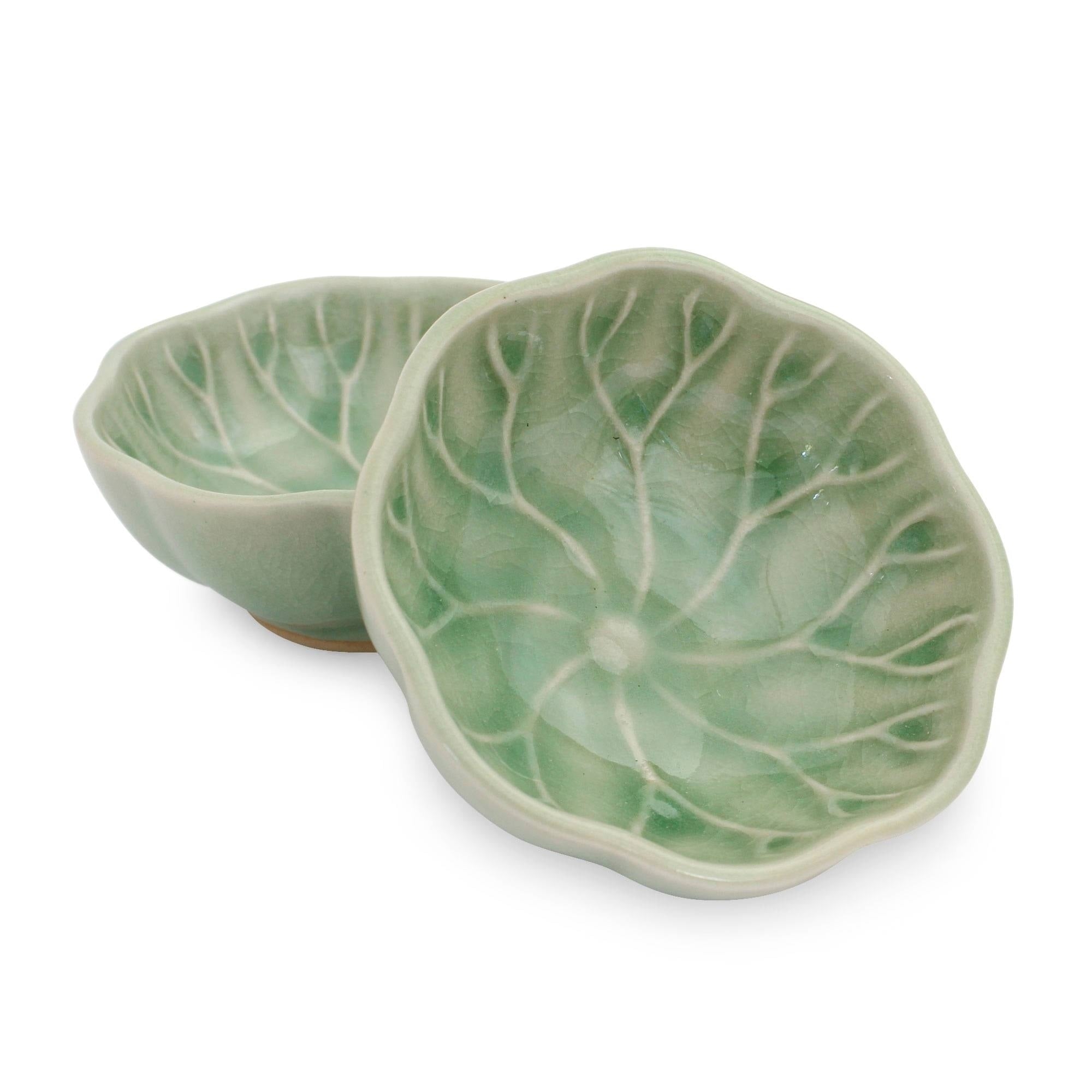Handmade Lotus Leaf Celadon Condiment Dishes Pair