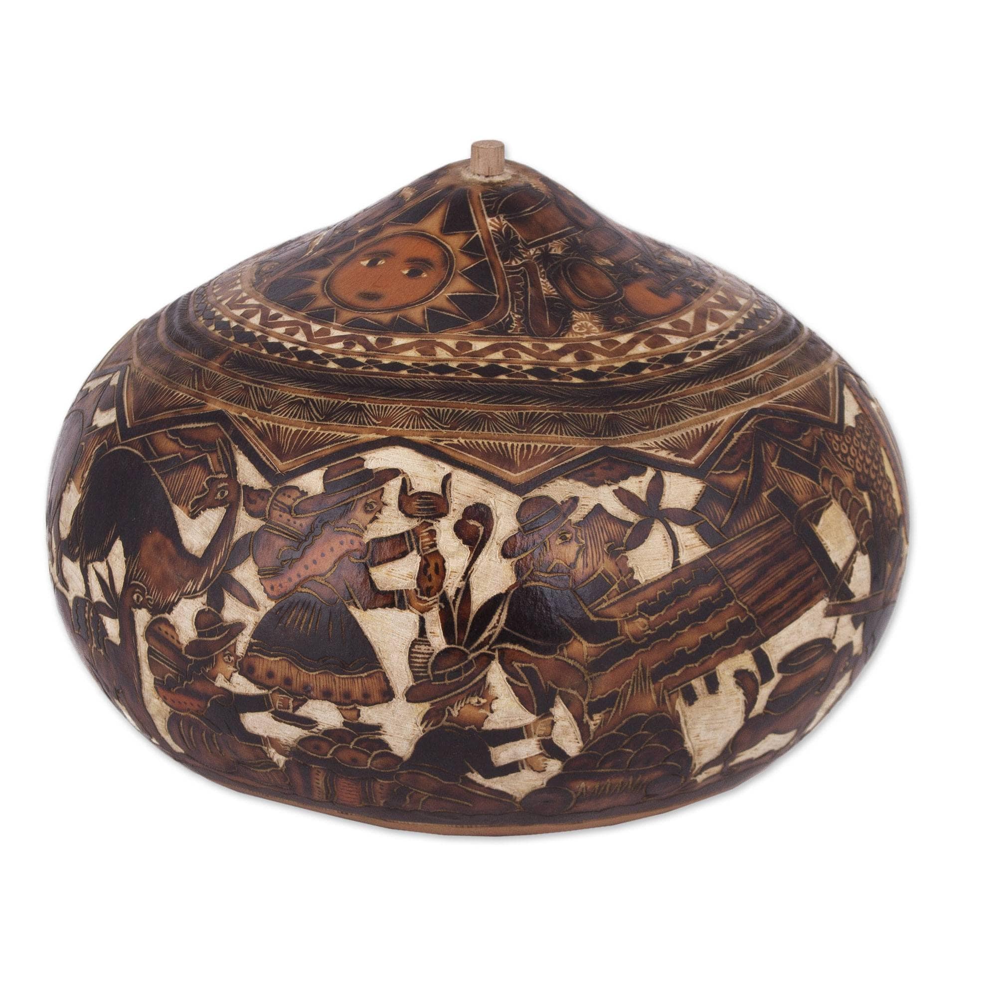 Handmade Mantaro Valley Gourd Decorative Box Peru 6 H X 8.75 Diam.