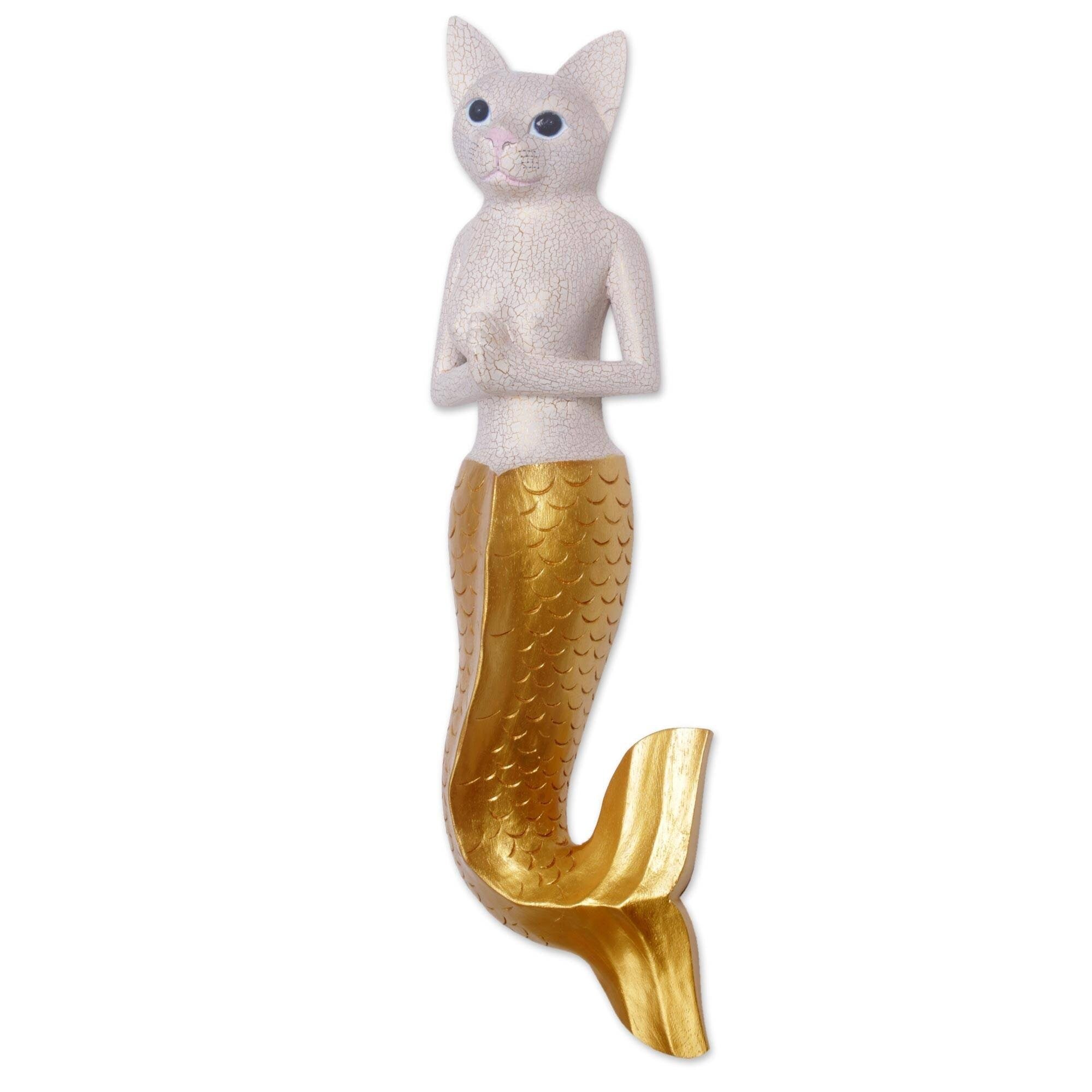 Handmade Mermaid Kitty In White Wood Wall Sculpture Indonesia