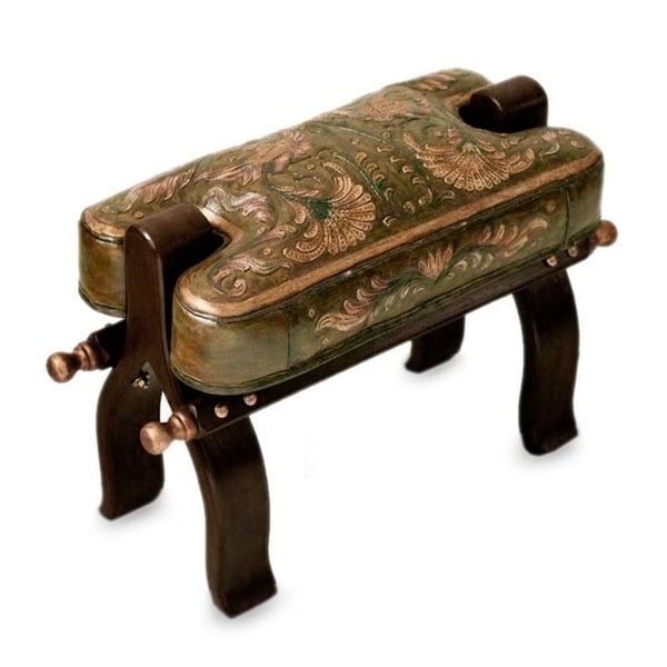 Handmade Mohena Wood Leather Bird Of Paradise Stool Peru