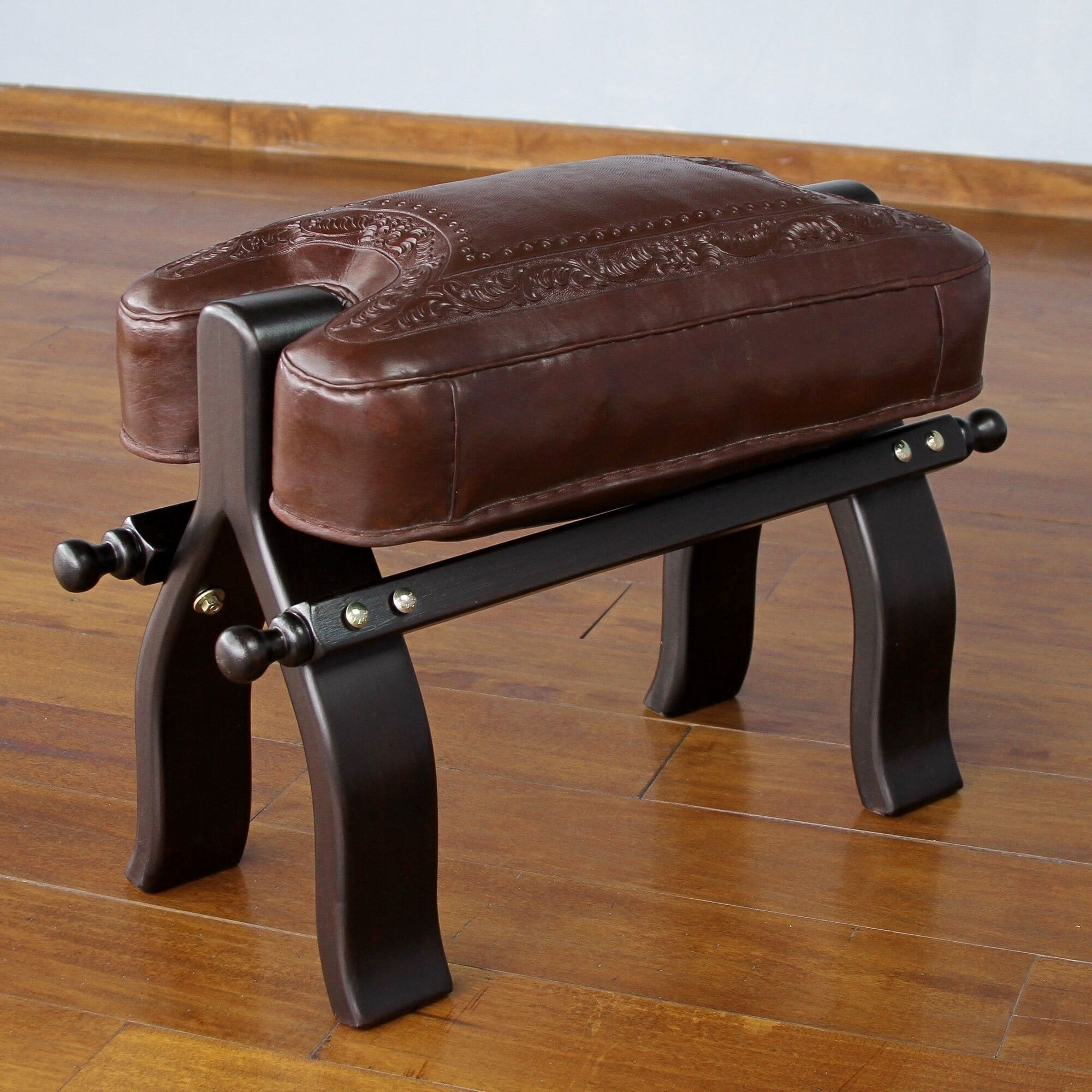 Handmade Mohena Wood Leather Colonial Wreath Stool Peru