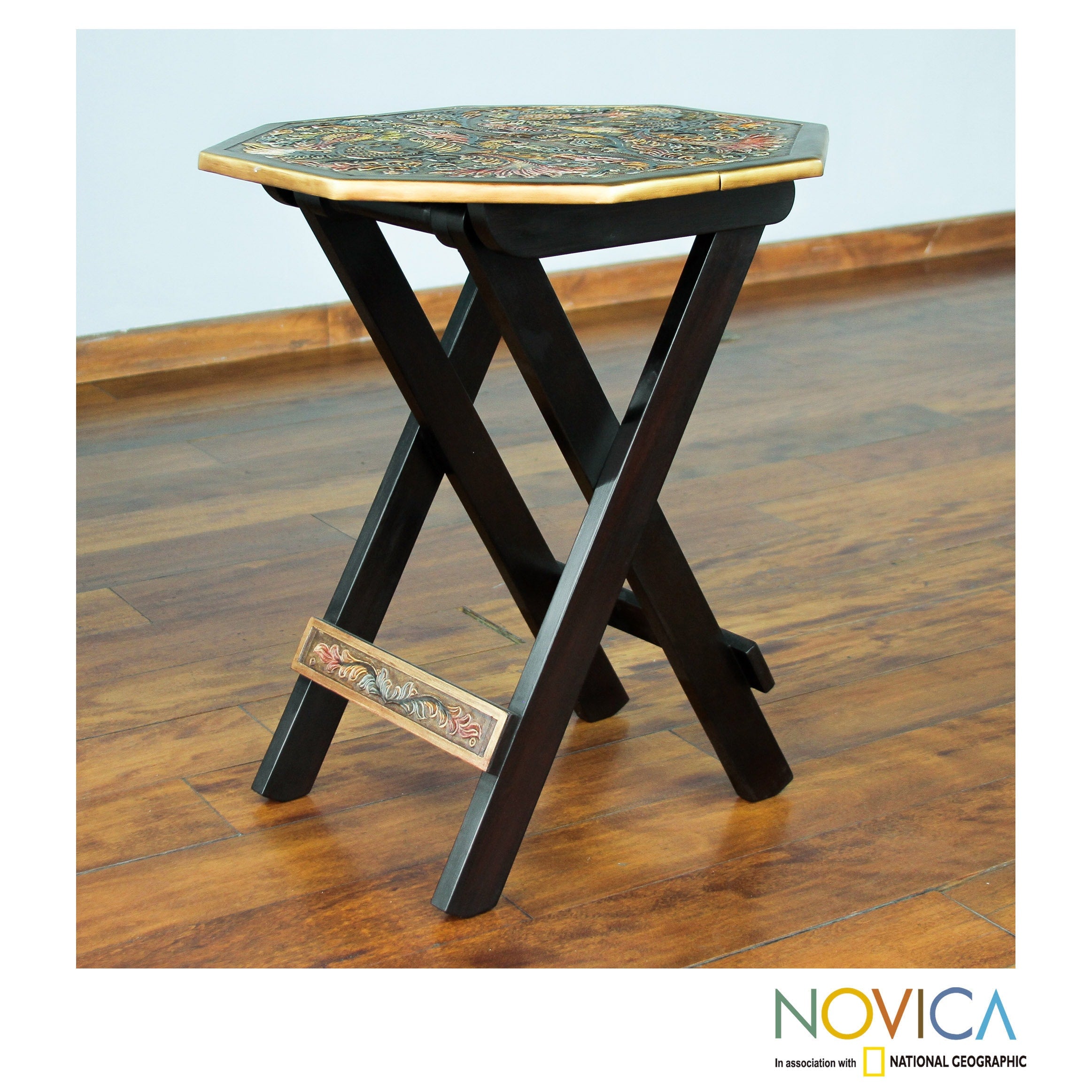 Handmade Mohena Wood Leather Octagonal Birds Of Paradise Folding Table Peru