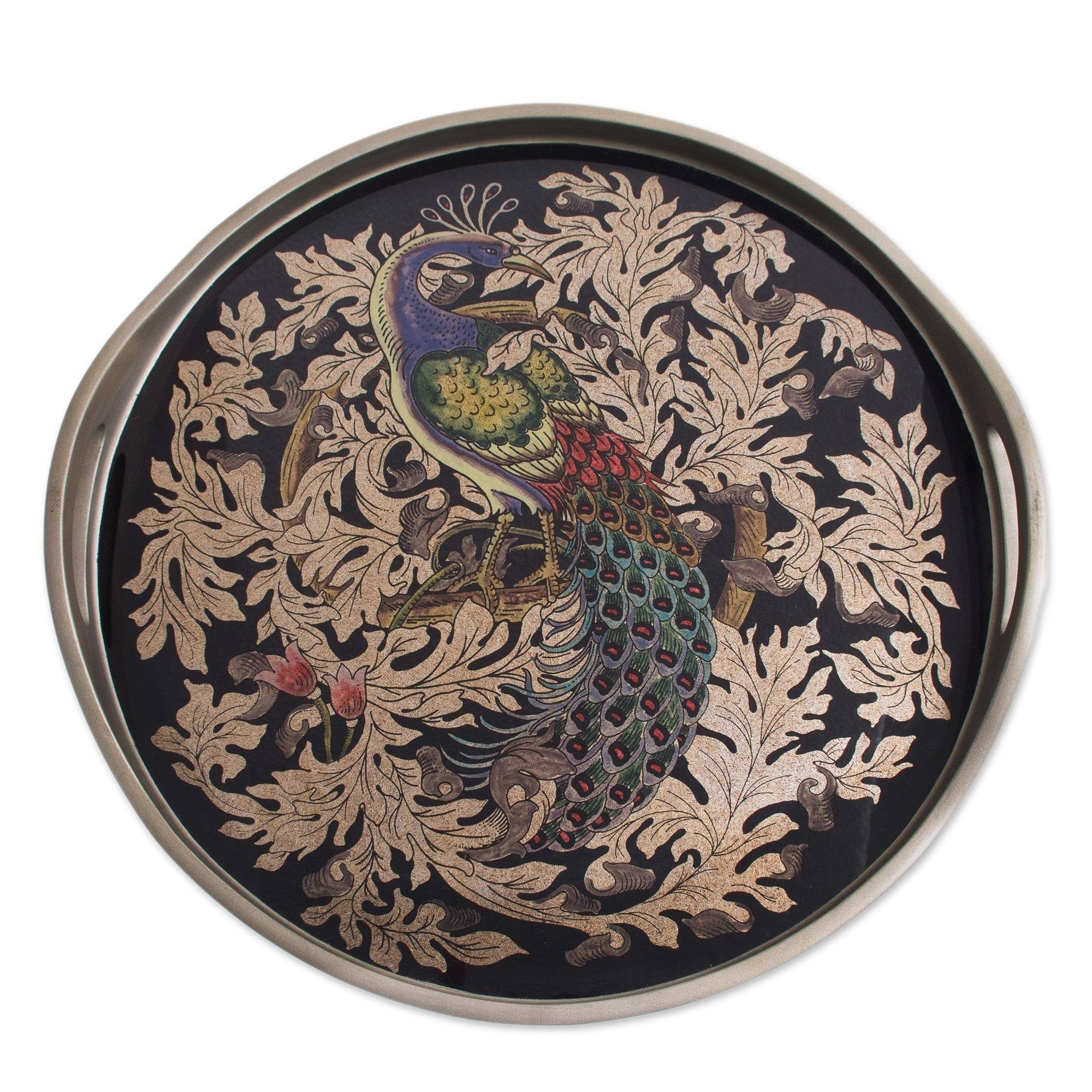 Handmade Mystic Peacock In Silver Reverse Painted Glass Tray Peru 2.4 H X 17.75 Diam.
