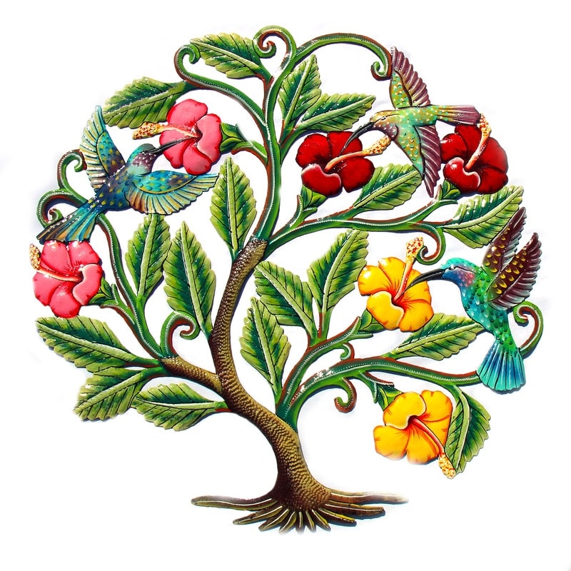 Handmade Nature Painted Hummingbirds And Flowers Recycled Steel Wall Art