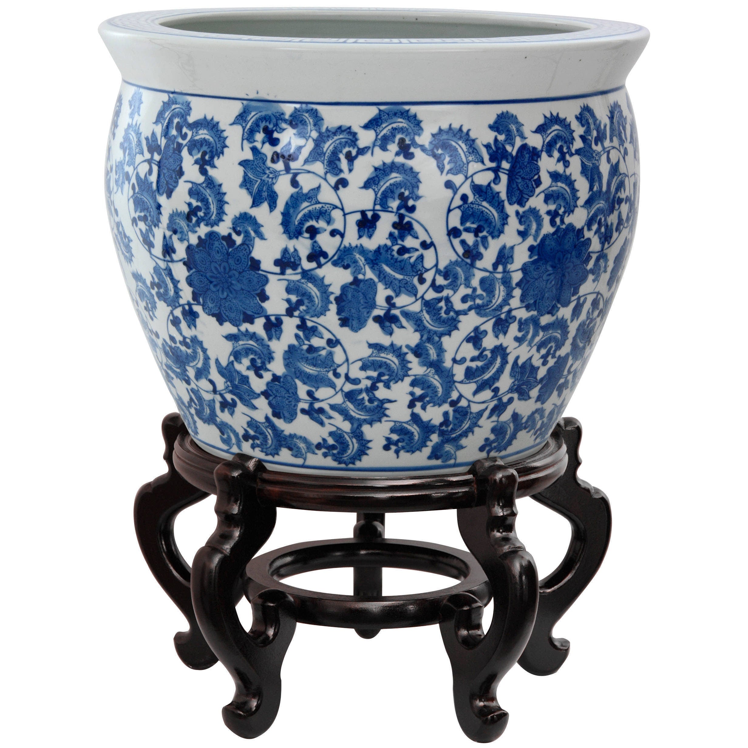 Handmade Oriental Home Porcelain 18 Inch Blue And White Floral Fishbowl China