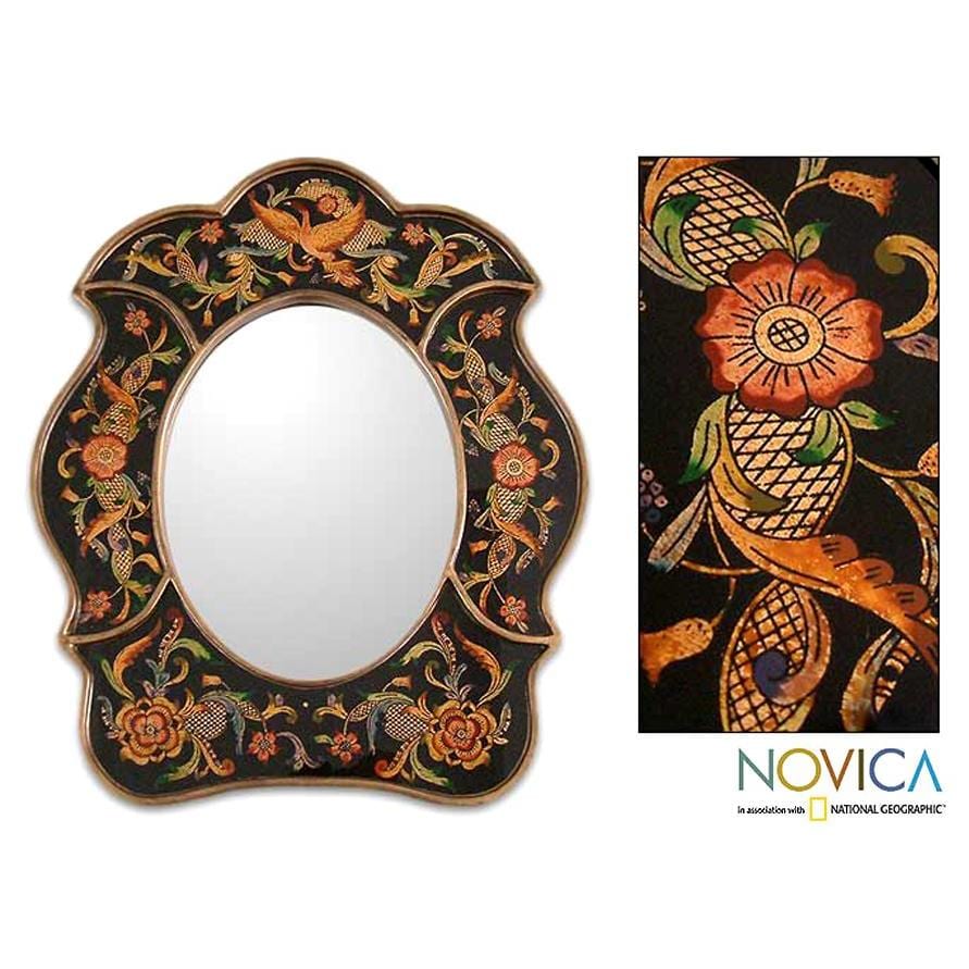 Handmade Painted Glass Birdsong At Night Mirror Peru Antique Black