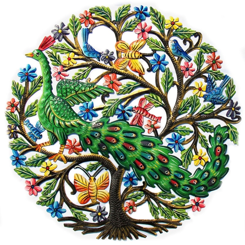 Handmade Painted Peacock In Tree Wall Art Recycled Steel Wall Art