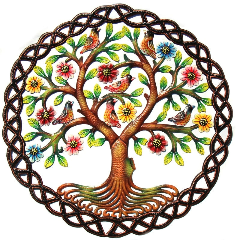 Handmade Painted Rooted Tree Of Life Circle Recycled Steel Wall Art
