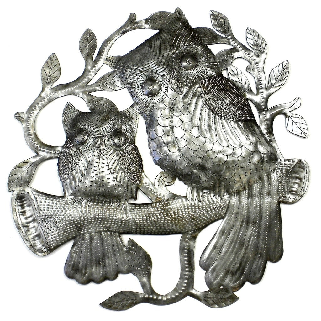 Handmade Pair Of Owls On Perch Metal Wall Art Haiti