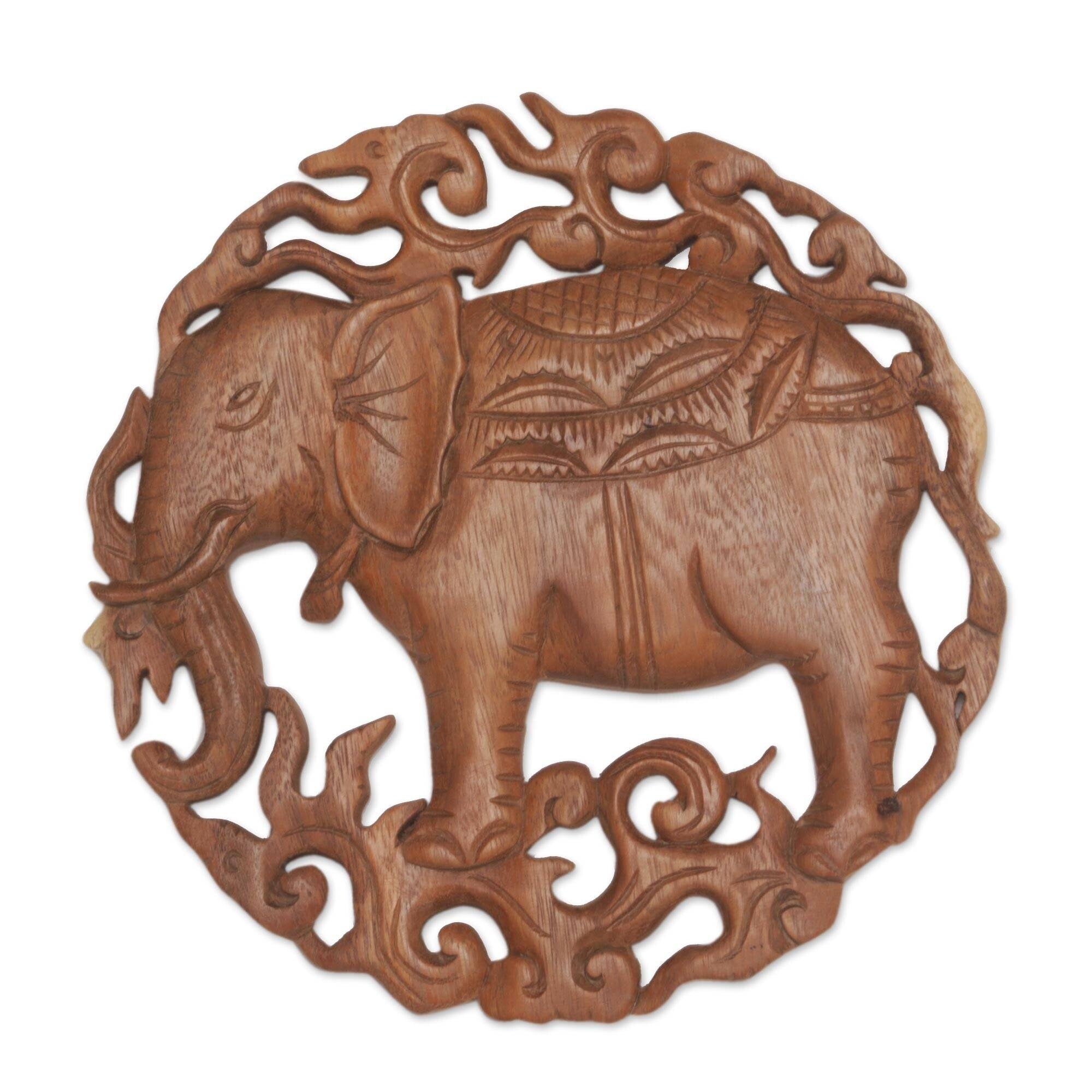 Handmade Palace Elephant Wood Relief Panel Indonesia